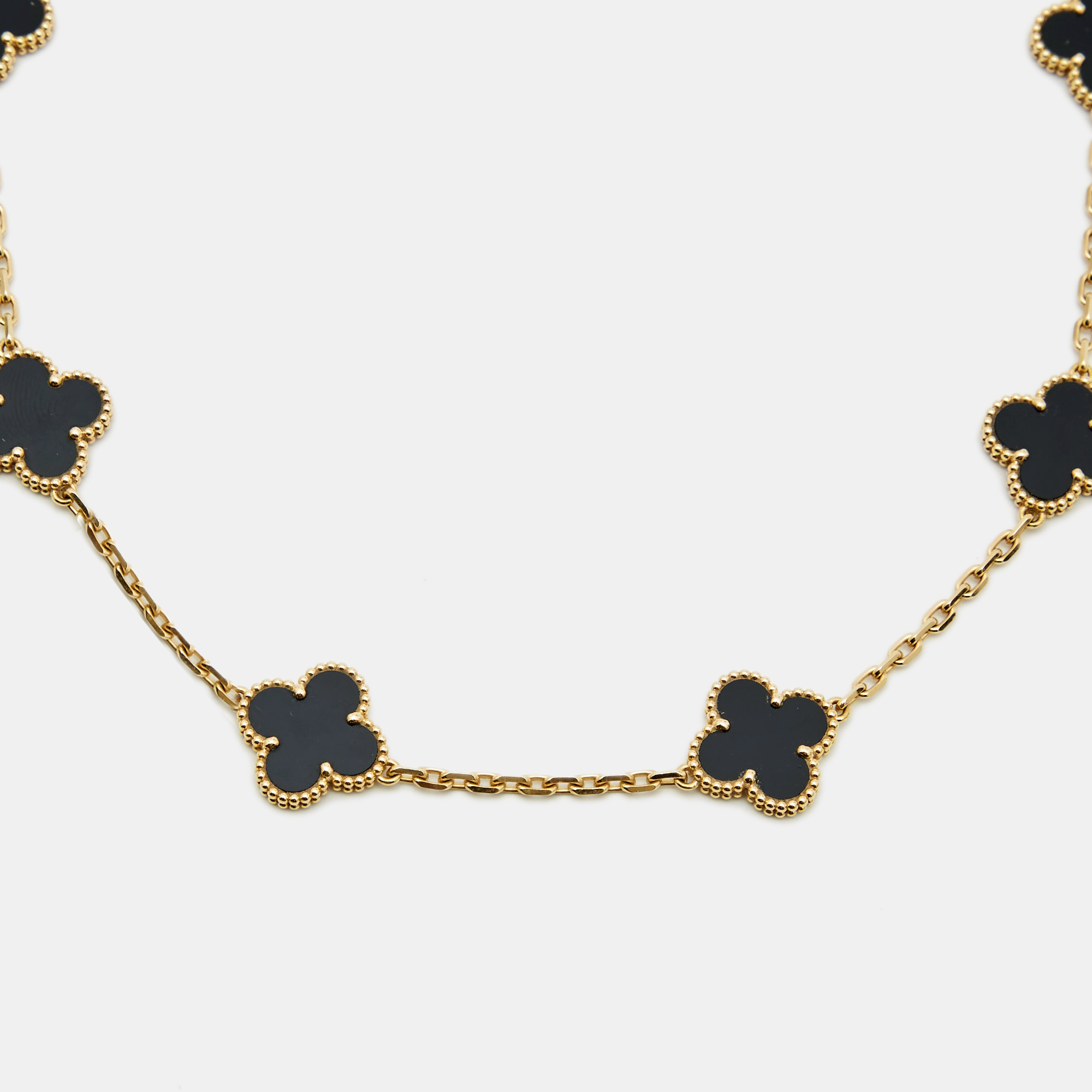 

Van Cleef & Arpels Vintage Alhambra Onyx 10 Motif 18k Yellow Gold Necklace