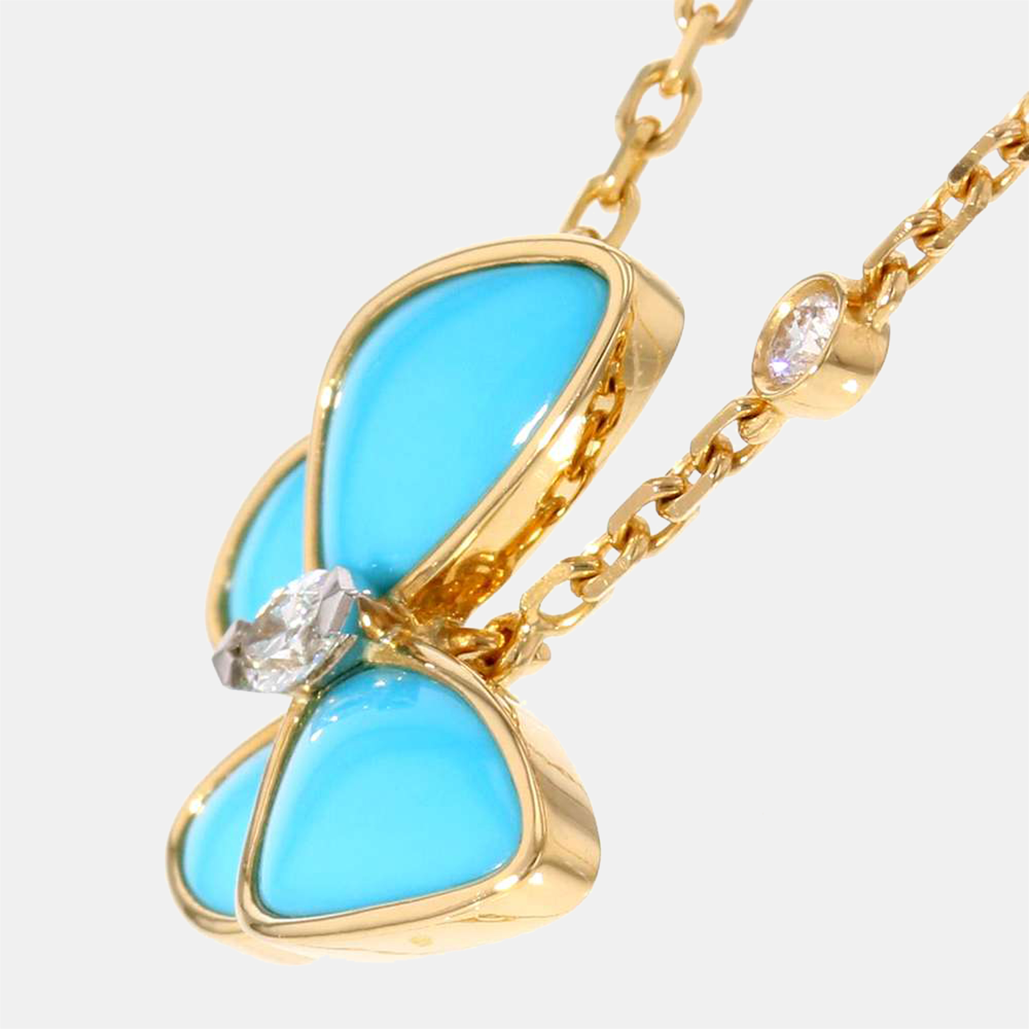 

Van Cleef & Arpels Two Butterfly Papillon 18K Yellow Gold Diamond and Turquoise Necklace