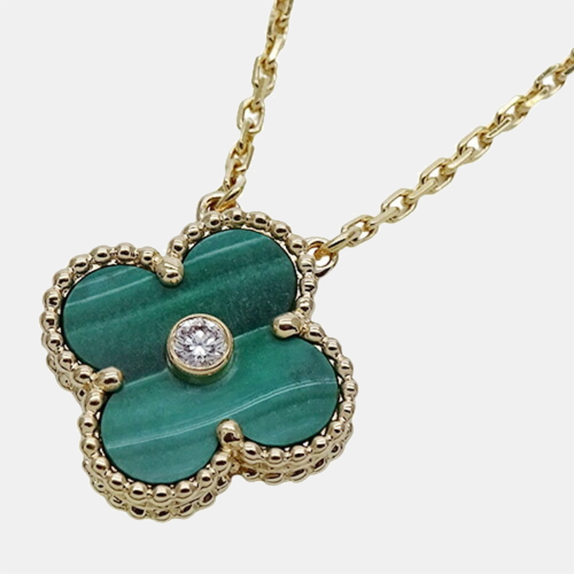 

Van Cleef & Arpels Xmas 18K Vintage Alhambra 18K Yellow Gold Diamond Malachite Necklace