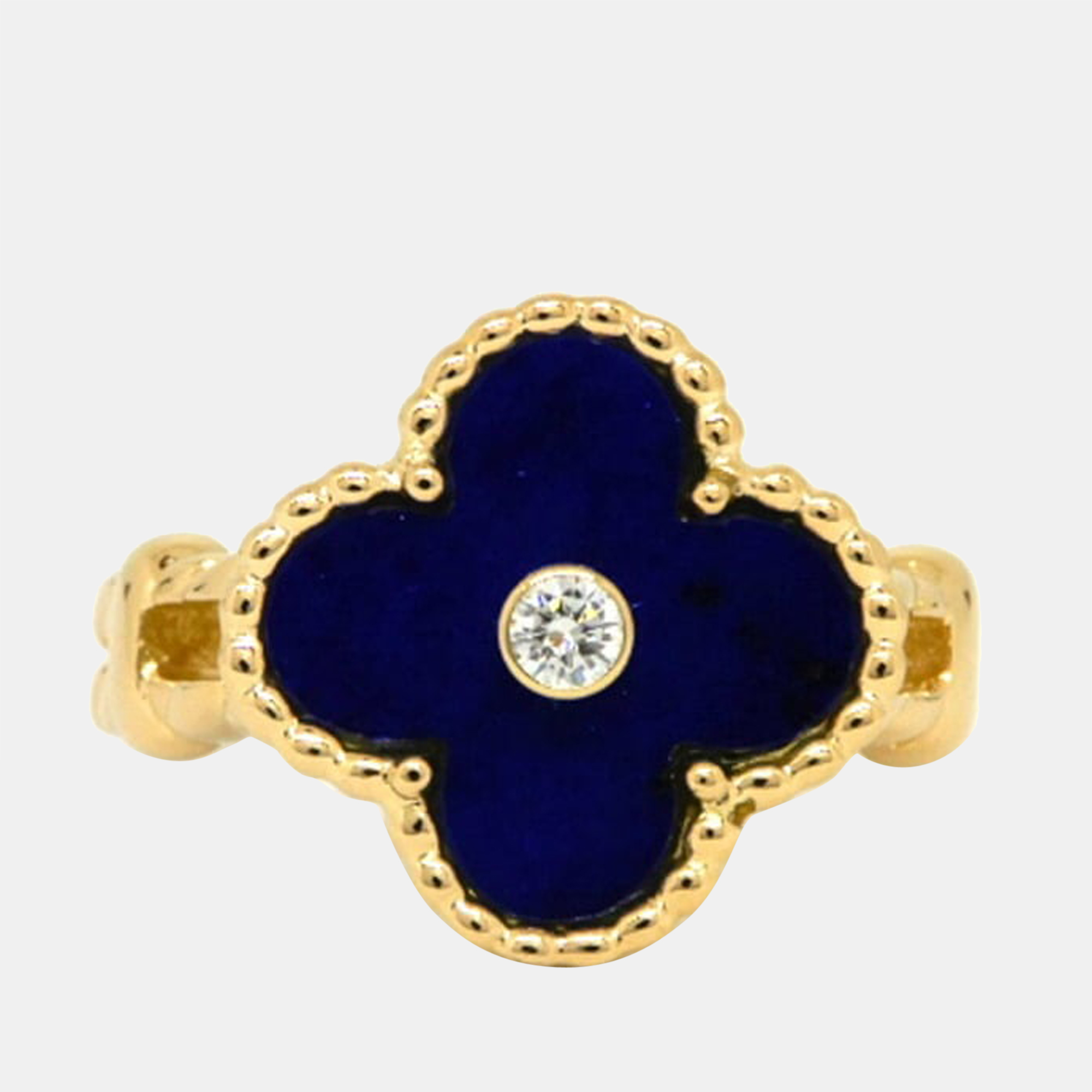 Van Cleef & Arpels Vintage Alhambra 18K Yellow Gold Lapis Lazuli Diamond Ring EU 53