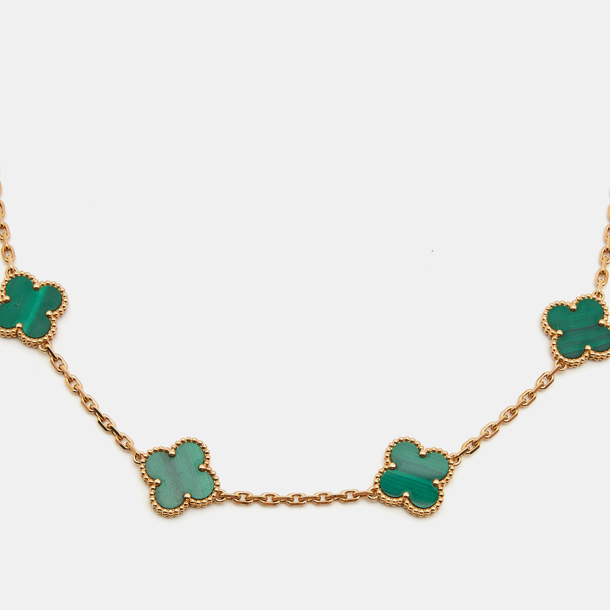 

Van Cleef & Arpels Vintage Alhambra Malachite 18k Yellow Gold 10 Motif Station Necklace