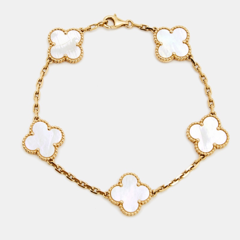 Pre Owned Van Cleef & Arpels Vintage Alhambra Mother of Pearl 18k Yellow Gold Station Bracelet