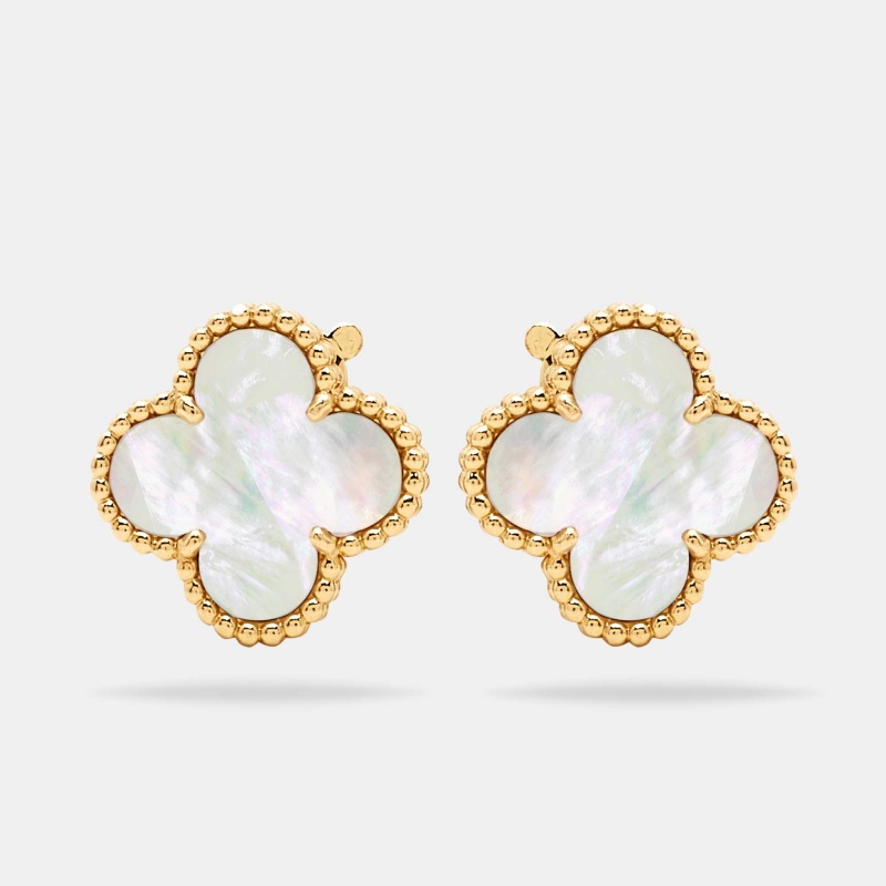 Pre Owned Van Cleef & Arpels Vintage Alhambra Mother of Pearl 18k Yellow Gold Clip-on Stud Earrings