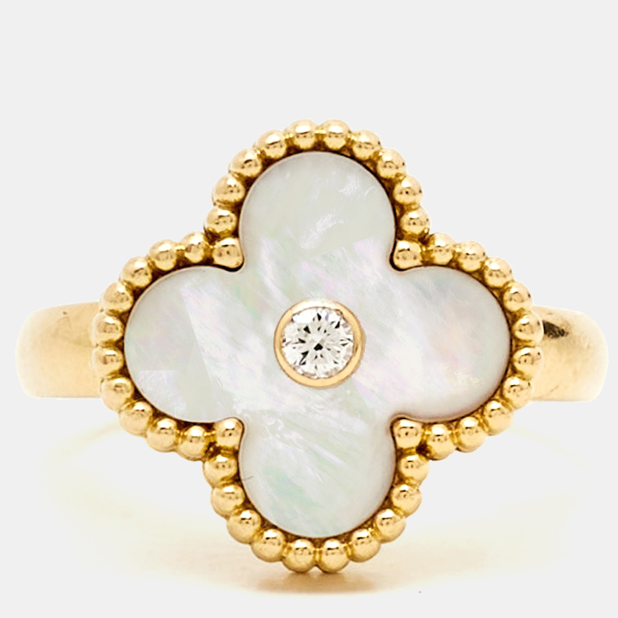 

Van Cleef & Arpels Vintage Alhambra Diamond Mother of Pearl 18K Yellow Gold Ring Size