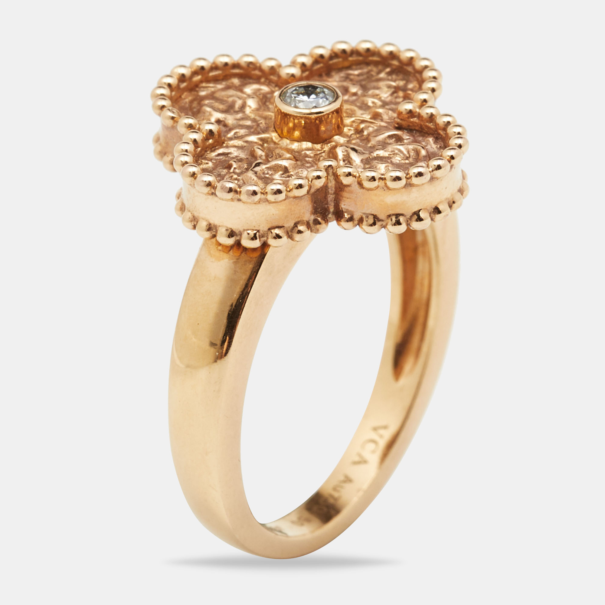 

Van Cleef & Arpels Vintage Alhambra Diamond Textured 18k Rose Gold Ring Size