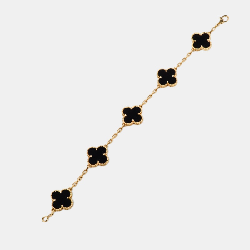 

Van Cleef & Arpels Vintage Alhambra Onyx 18k Yellow Gold 5 Motif Station Bracelet