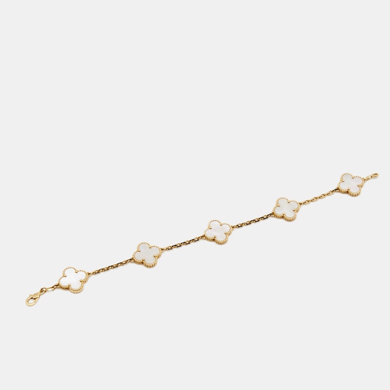 

Van Cleef & Arpels Vintage Alhambra Mother of Pearl 18k Yellow Gold Station Bracelet