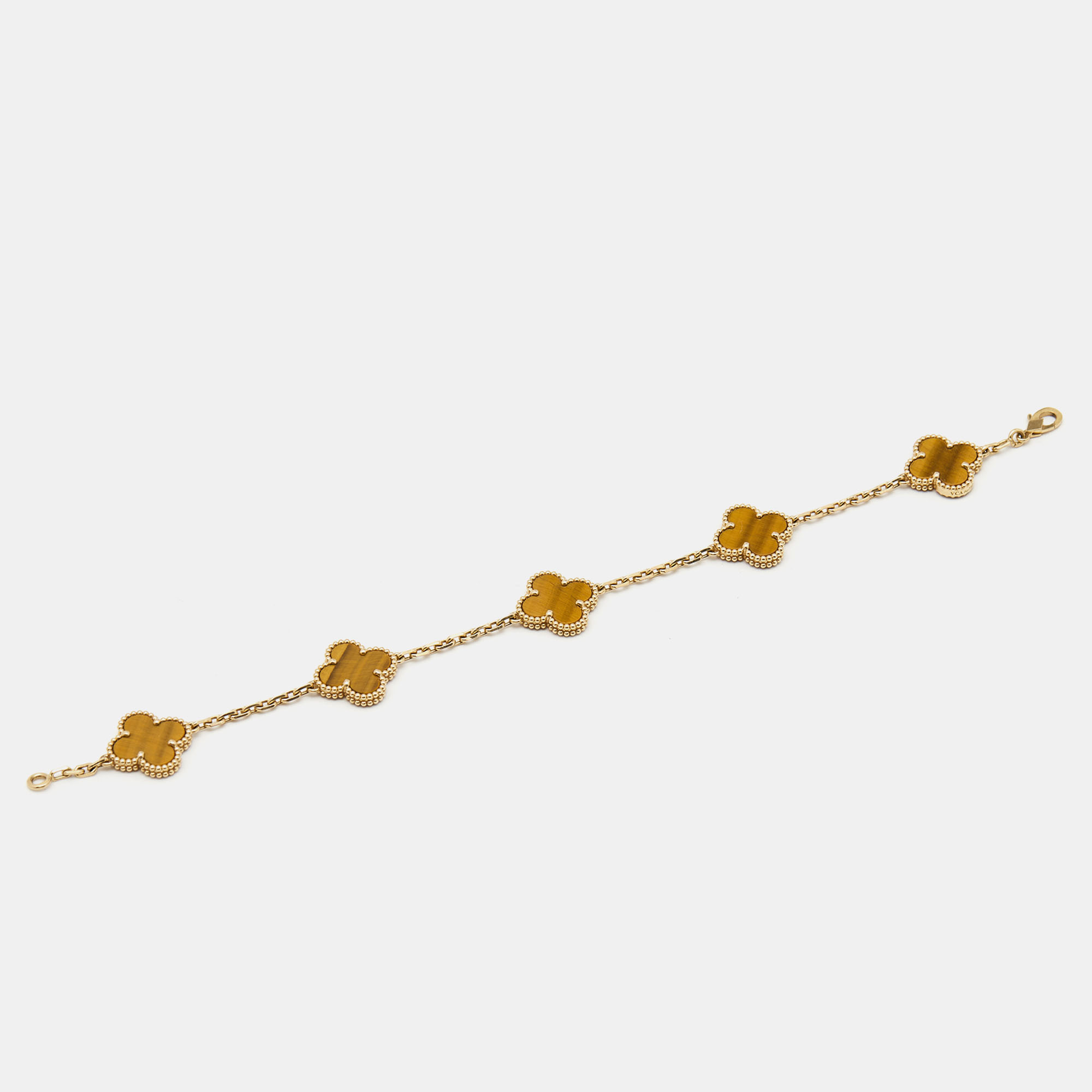 

Van Cleef & Arpels Vintage Alhambra Tiger's Eye 18k Yellow Gold 5 Motif Station Bracelet