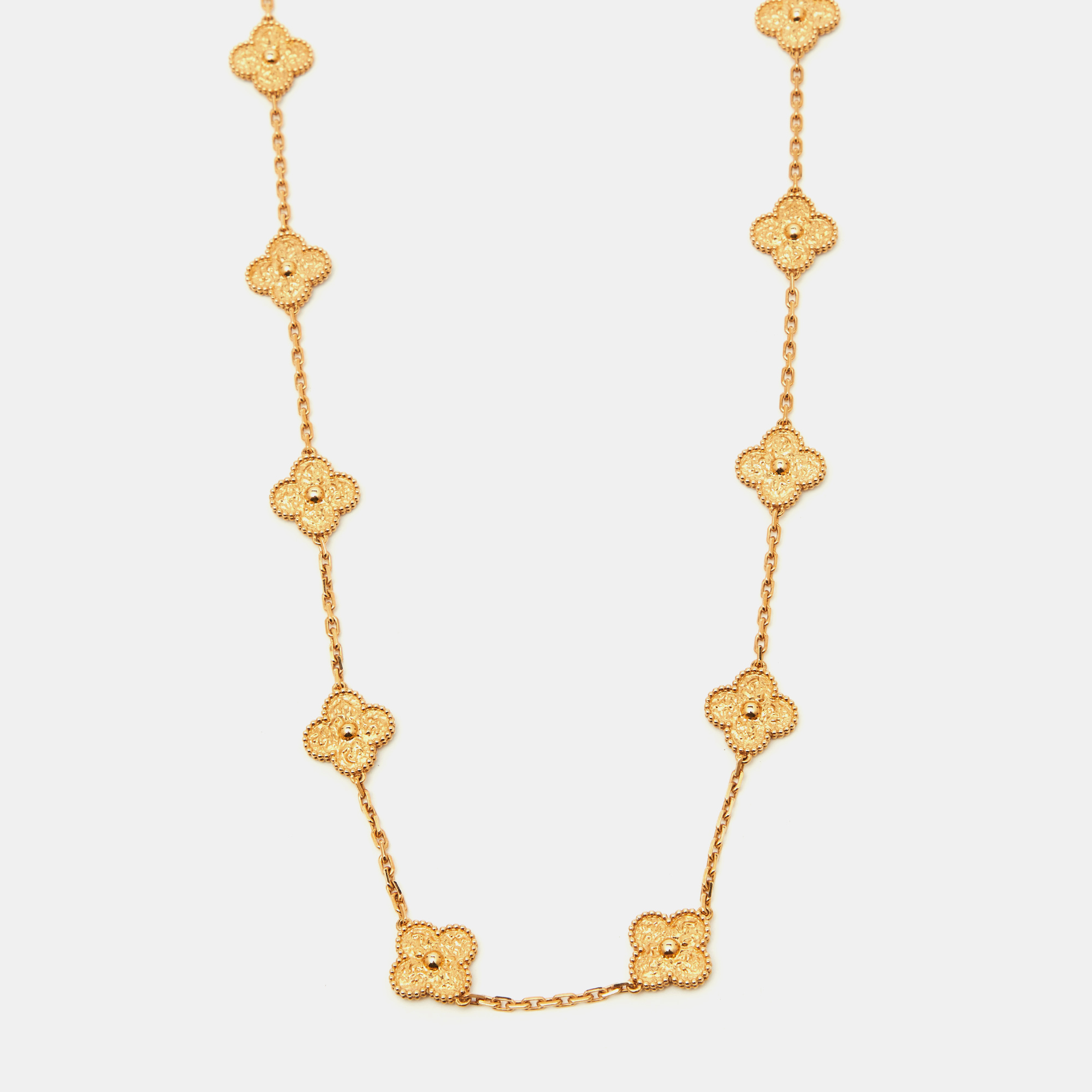 

Van Cleef & Arpels Vintage Alhambra Textured 18k Yellow Gold 20 Motif Long Station Necklace