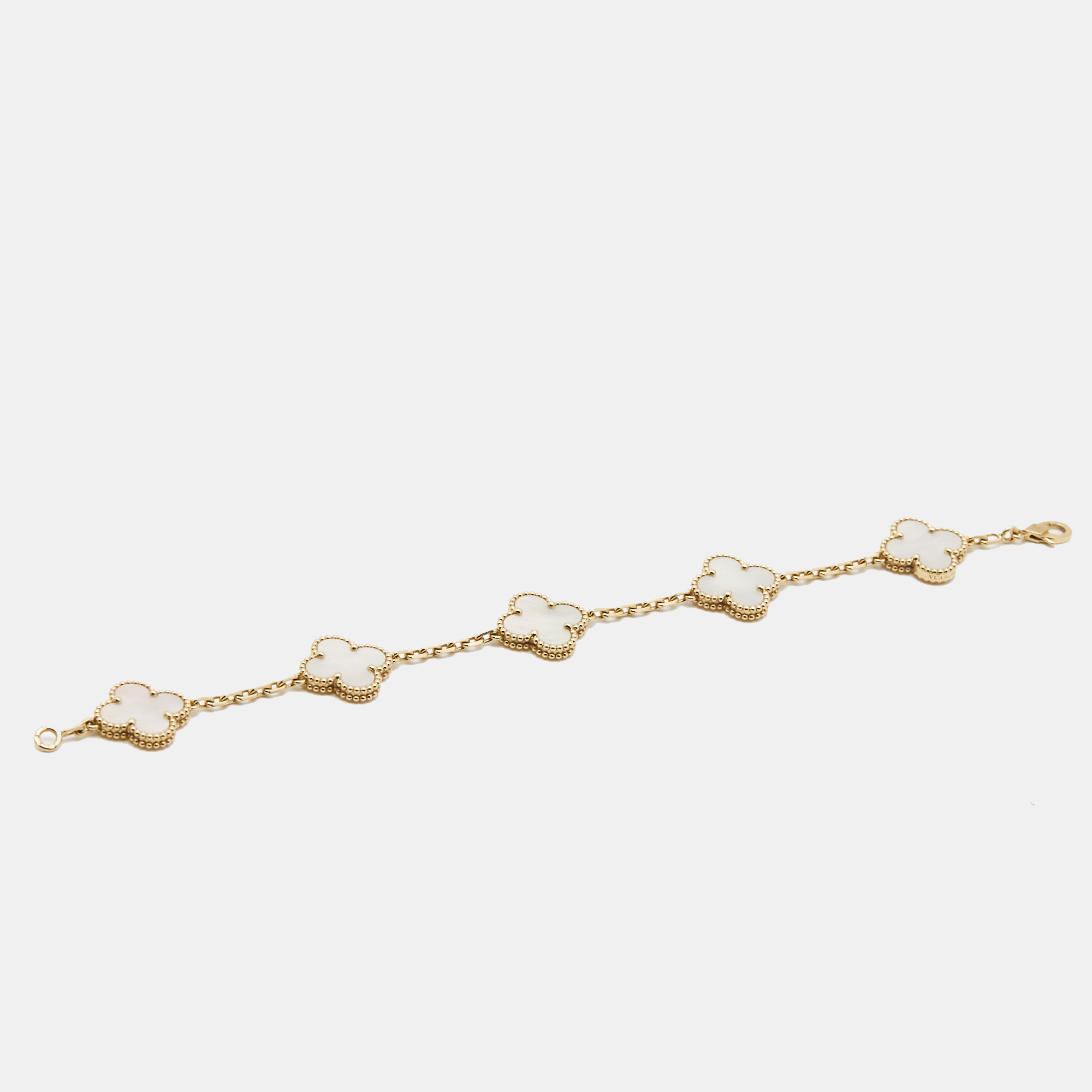 

Van Cleef & Arpels Vintage Alhambra Mother of Pearl 18k Yellow Gold 5 Motif Station Bracelet
