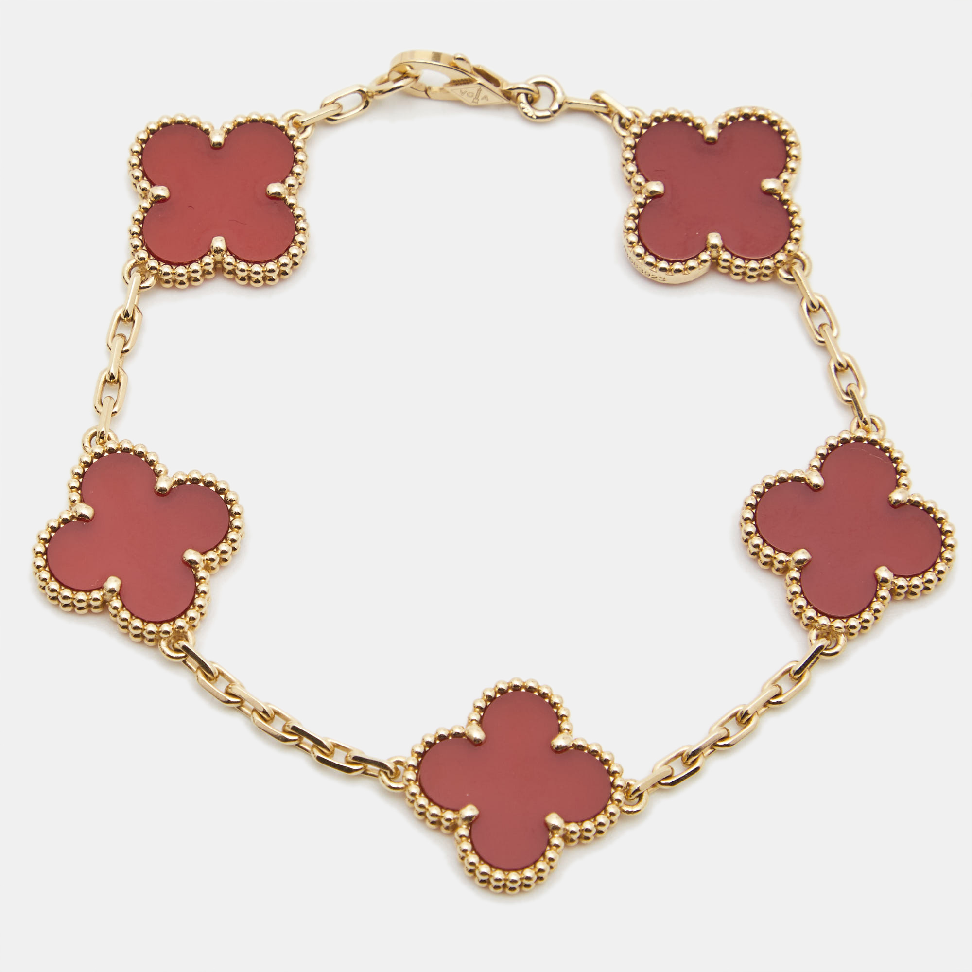 Pre Owned Van Cleef & Arpels Vintage Alhambra Carnelian 18k Yellow Gold 5 Motif Station Bracelet