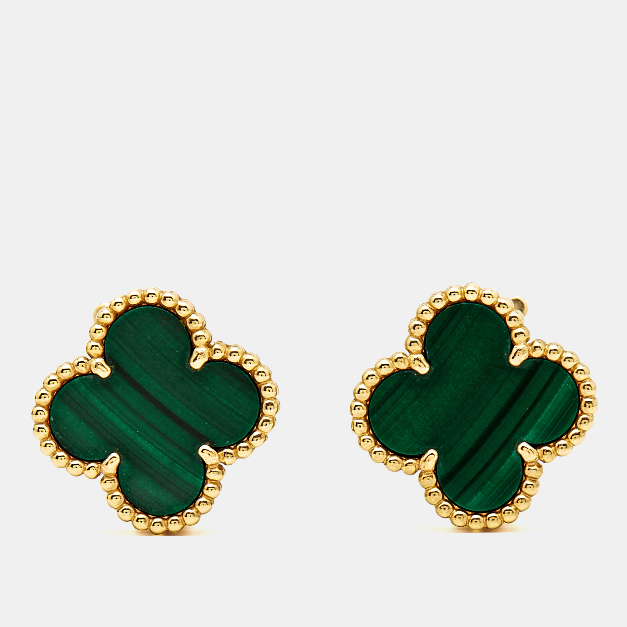 Pre Owned Van Cleef & Arpels Vintage Alhambra Malachite 18k Yellow Gold Earrings