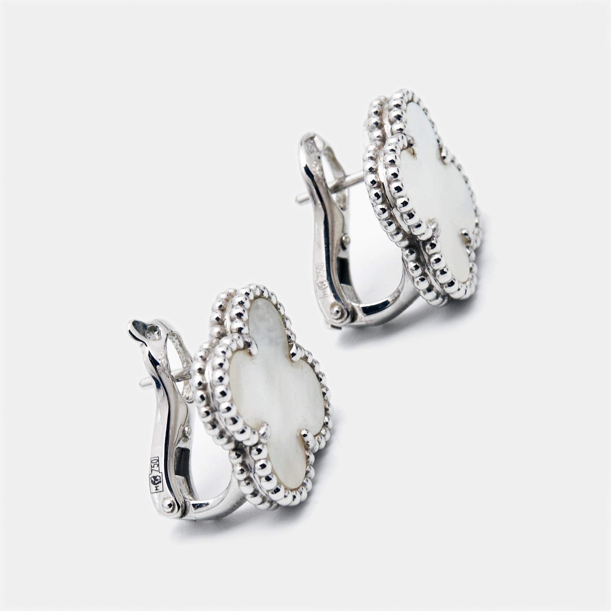 

Van Cleef & Arpels Vintage Alhambra Mother of Pearl 18k White Gold Earrings