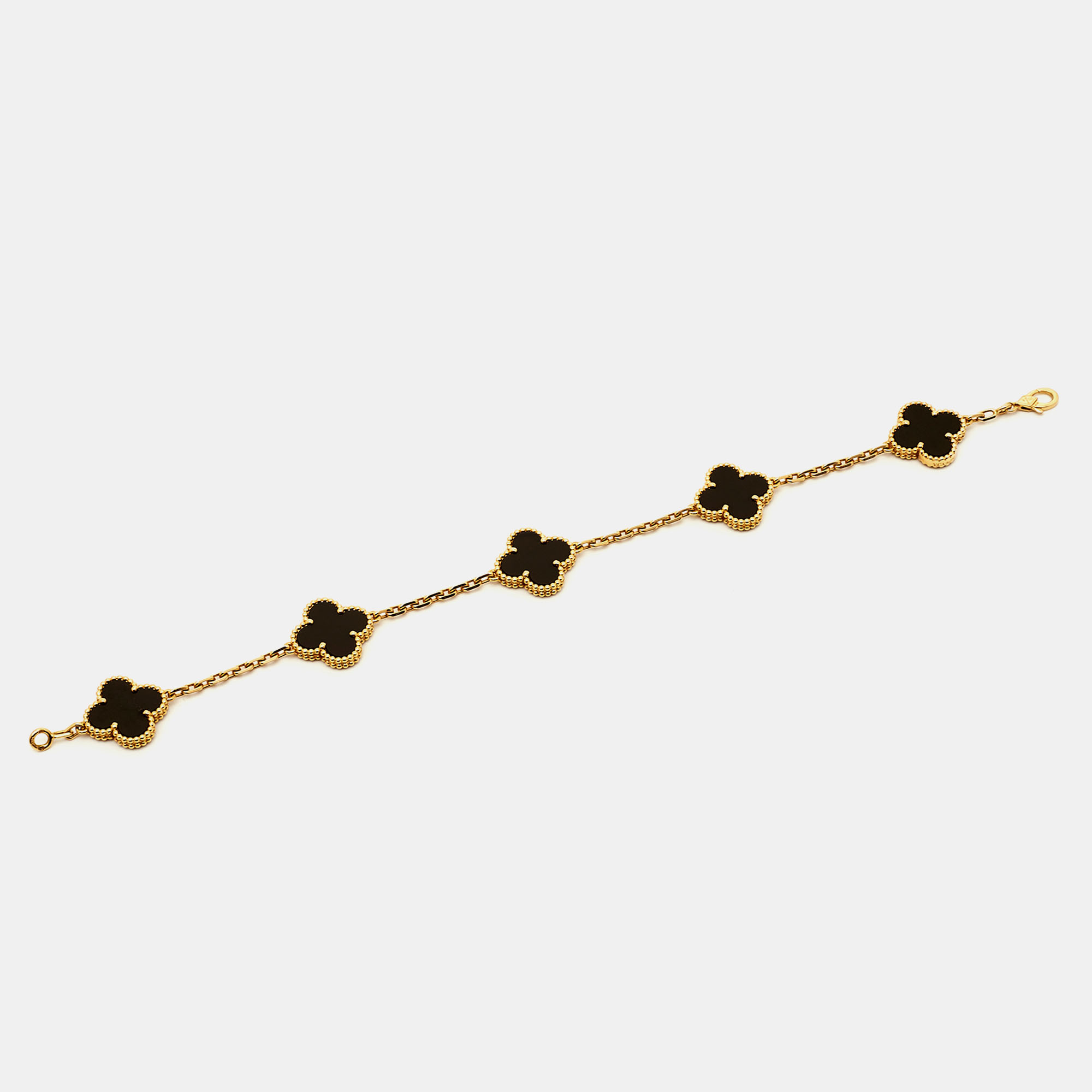 

Van Cleef & Arpels Vintage Alhambra Onyx 18k Yellow Gold 5 Motif Station Bracelet