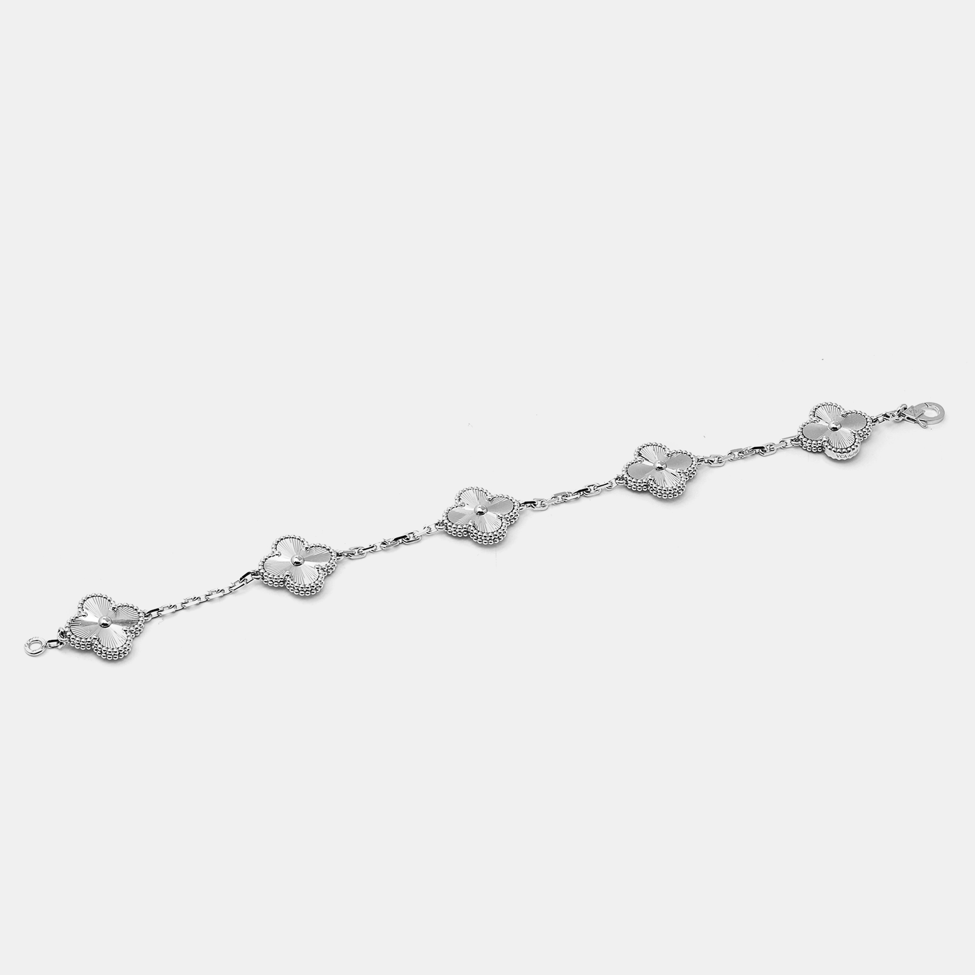 

Van Cleef & Arpels Vintage Alhambra Guilloché 5 Motif 18K White Gold Station Bracelet