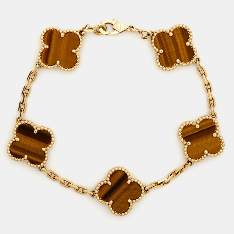 Pre Owned Van Cleef & Arpels Vintage Alhambra Tiger's Eye 18k Yellow Gold 5-Motif Bracelet