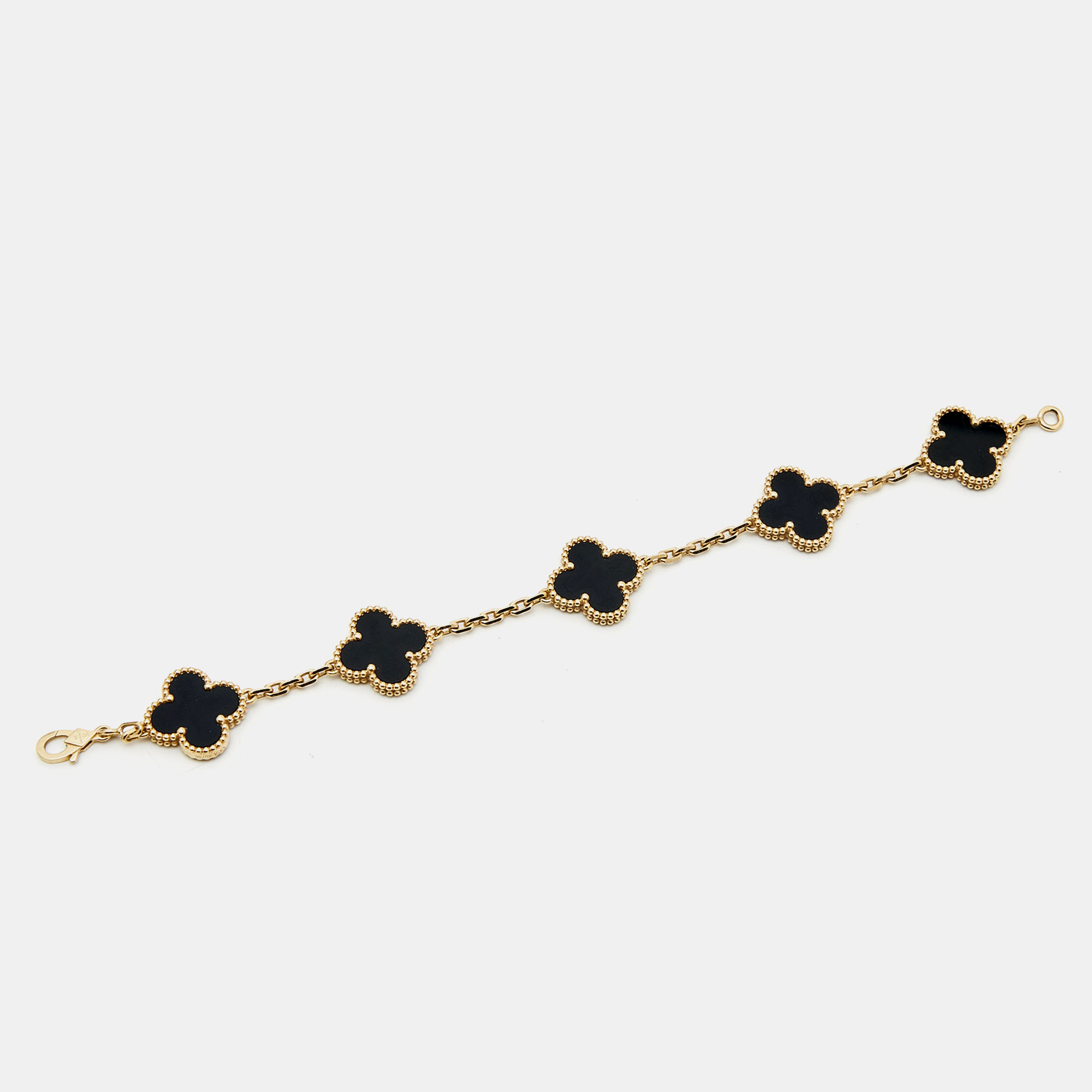 

Van Cleef & Arpels Vintage Alhambra Onyx 18k Yellow Gold 5 Motif Bracelet