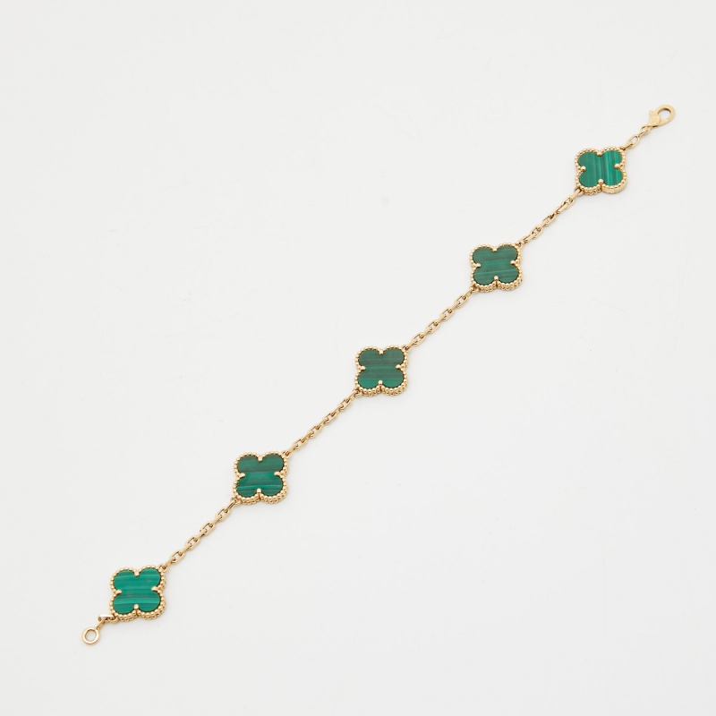 

Van Cleef & Arpels Vintage Alhambra Malachite 18k Yellow Gold 5 Motif Station Bracelet