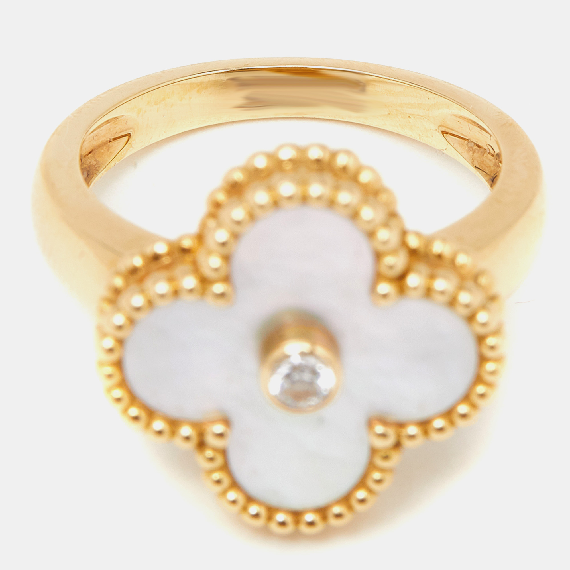 

Van Cleef & Arpels Vintage Alhambra Mother of Pearl Diamond 18k Yellow Gold Ring Size