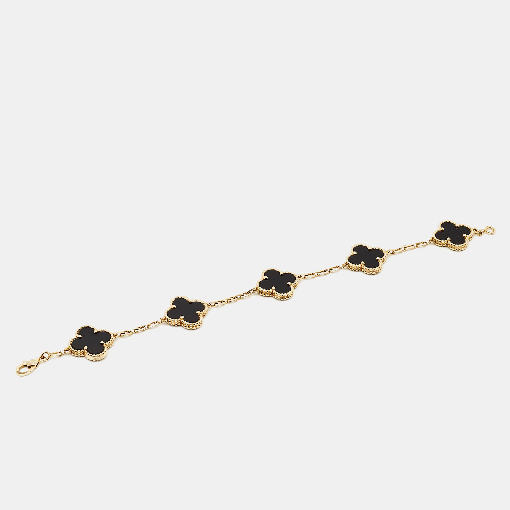 

Van Cleef & Arpels Vintage Alhambra Onyx 18k Yellow Gold 5 Motif Station Bracelet
