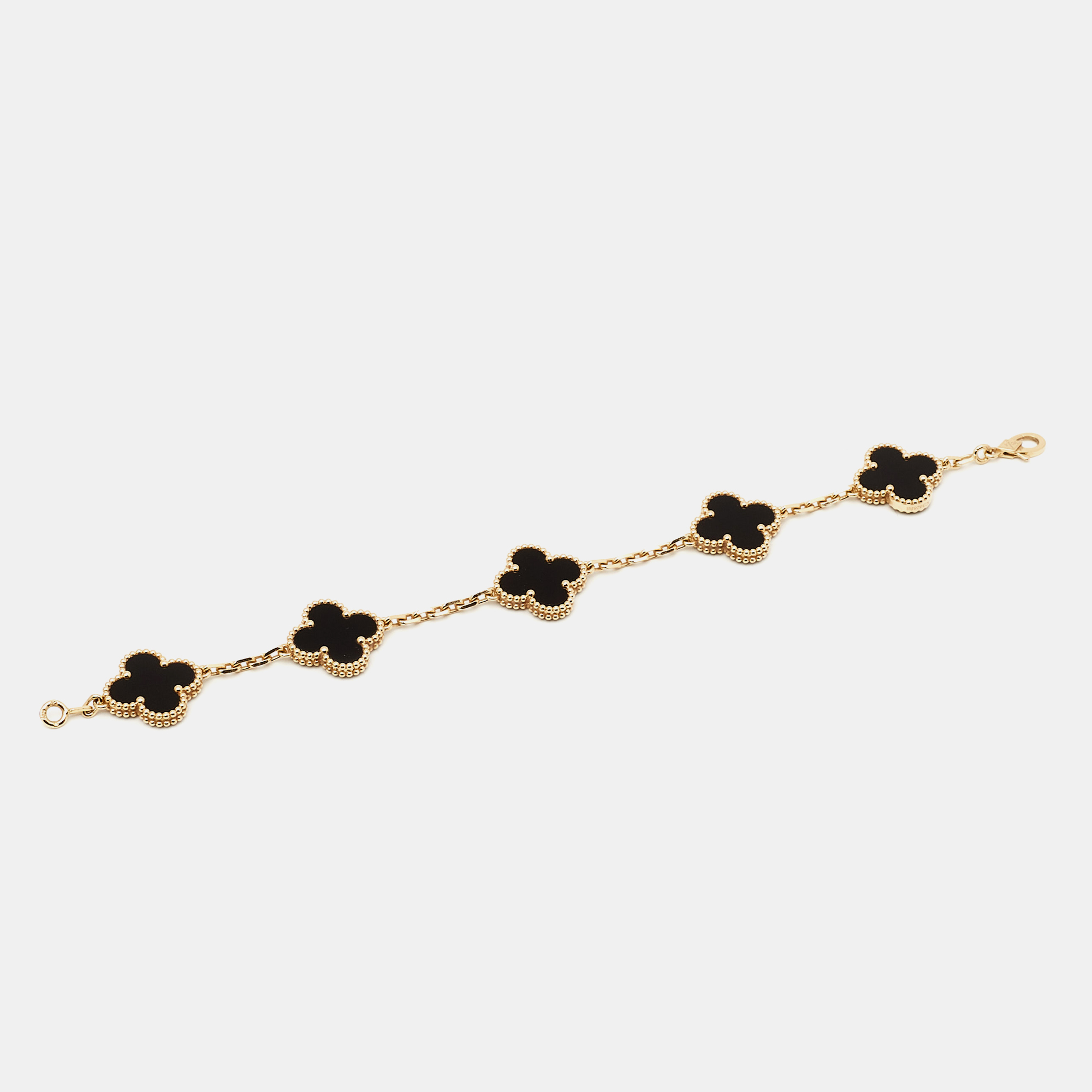 

Van Cleef & Arpels Vintage Alhambra Onyx 18k Yellow Gold 5 Motif Station Bracelet