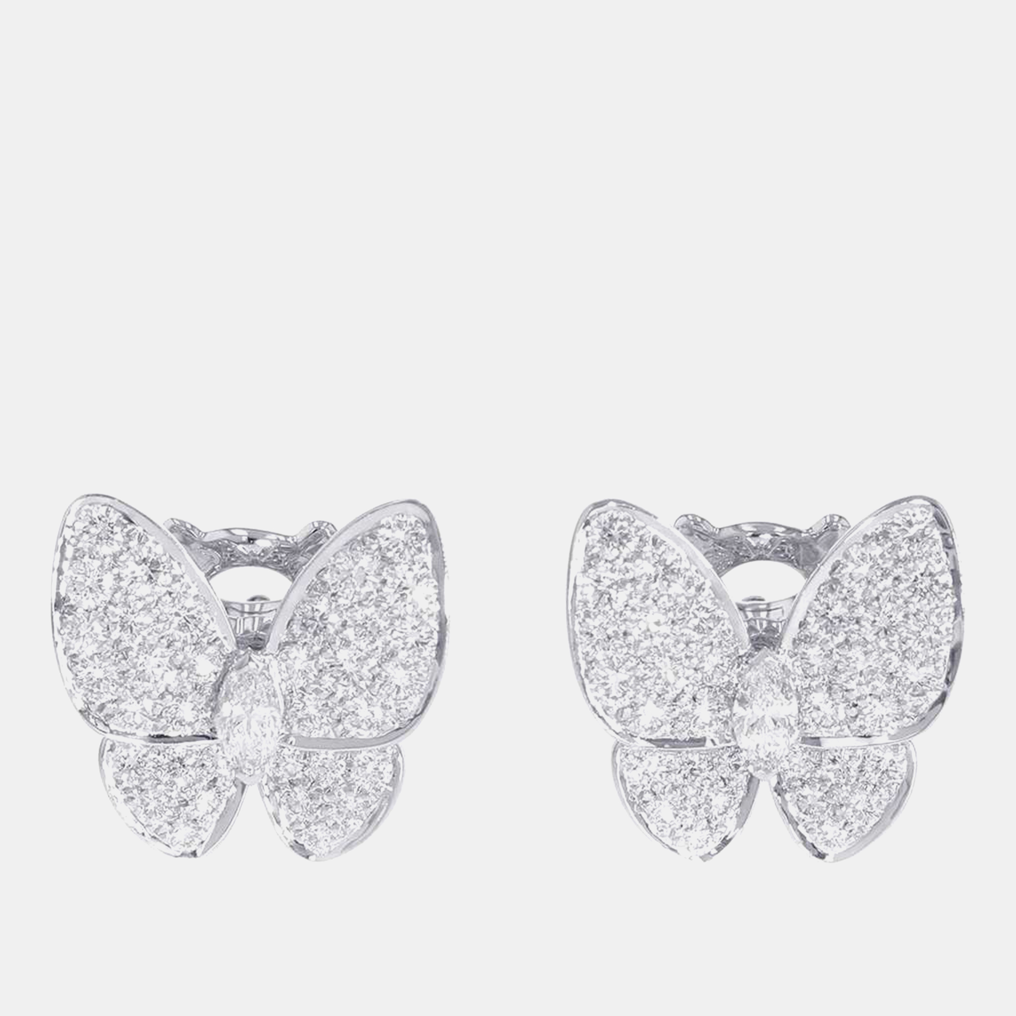 Pre-owned Van Cleef & Arpels 18k White Gold And Diamond Butterfly Stud Earrings