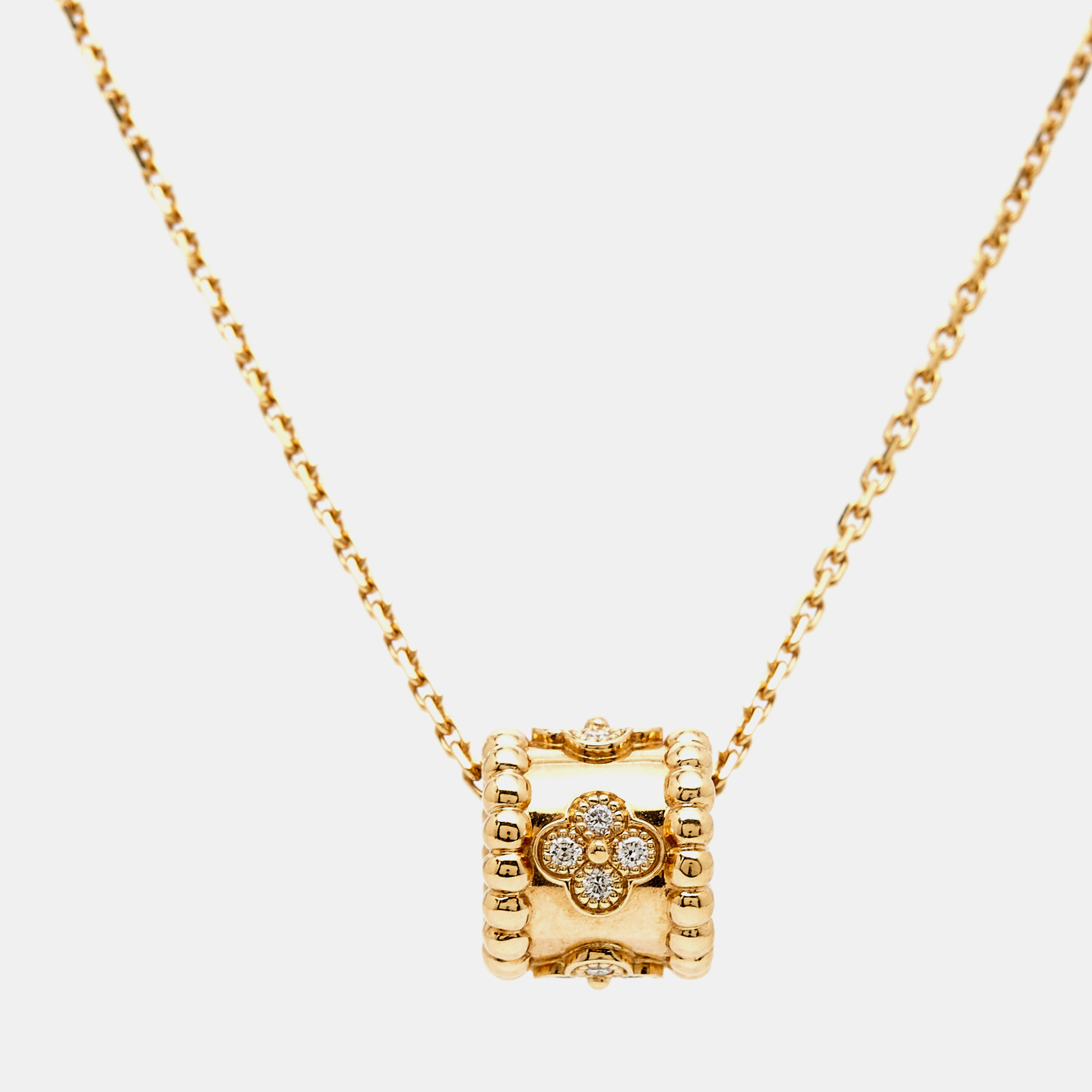 Pre-owned Van Cleef & Arpels Perlée Clover Diamond 18k Yellow Gold Pendant Chain Necklace