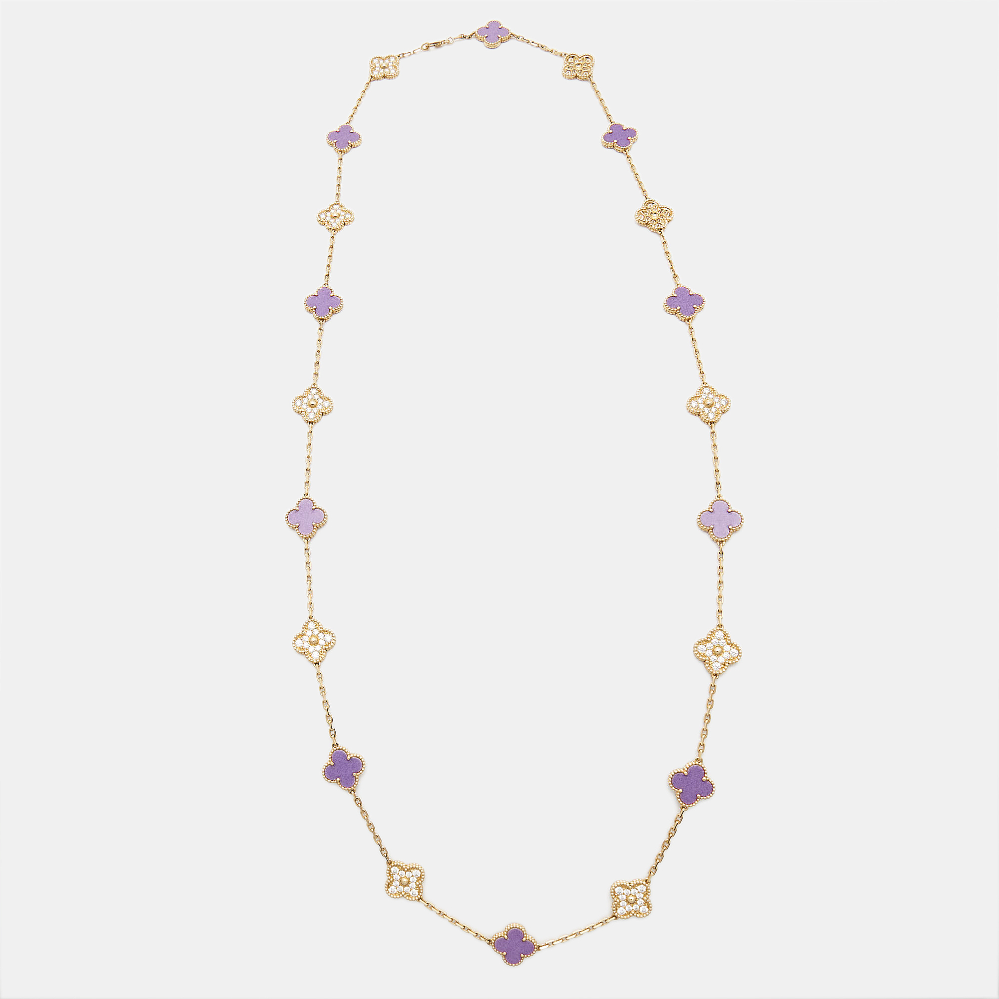 

Van Cleef & Arpels Dubai Mall Edition Vintage Alhambra Diamond Porcelain 18k Yellow Gold 20 Motif Long Necklace