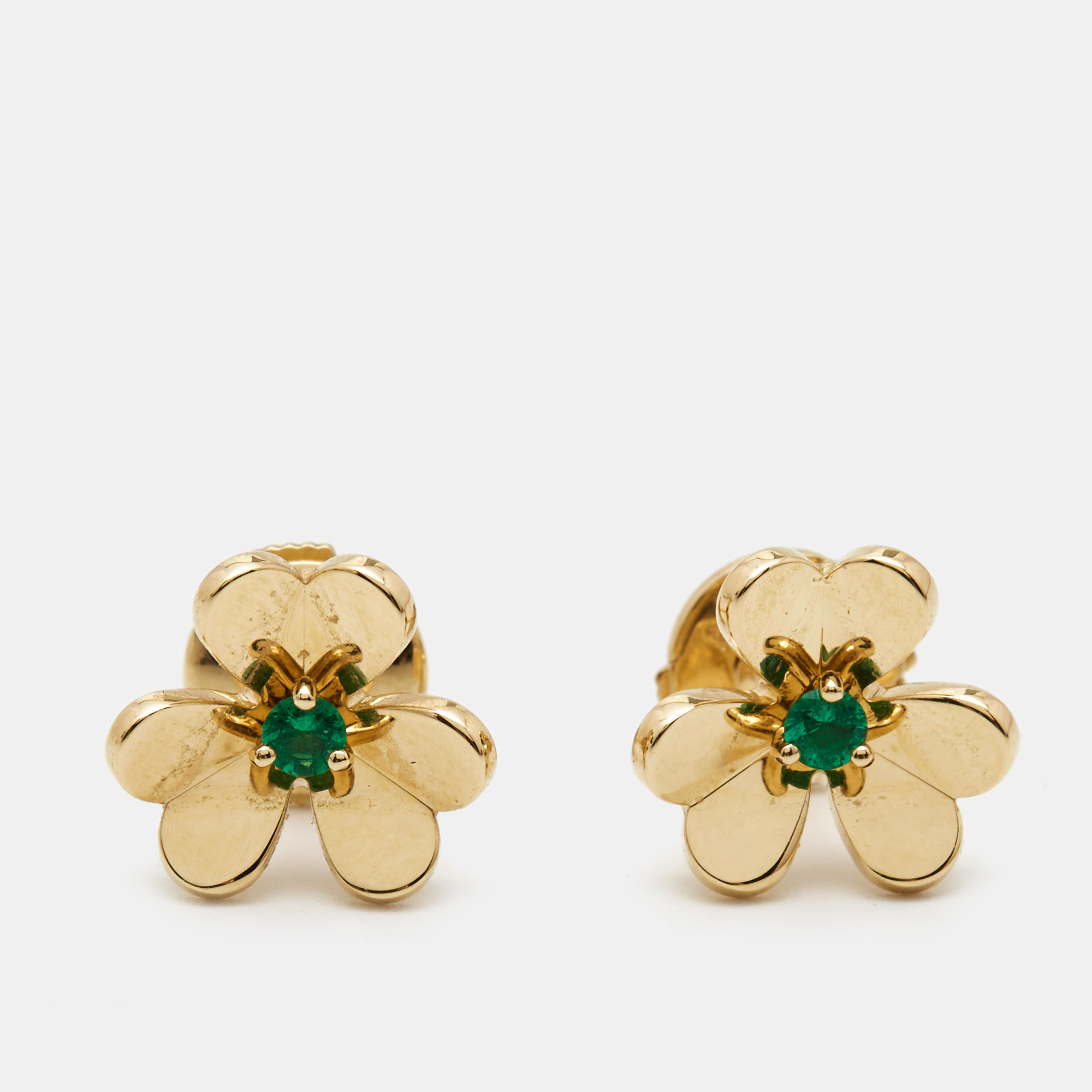 Pre-owned Van Cleef & Arpels Frivole Emerald 18k Yellow Gold Earrings