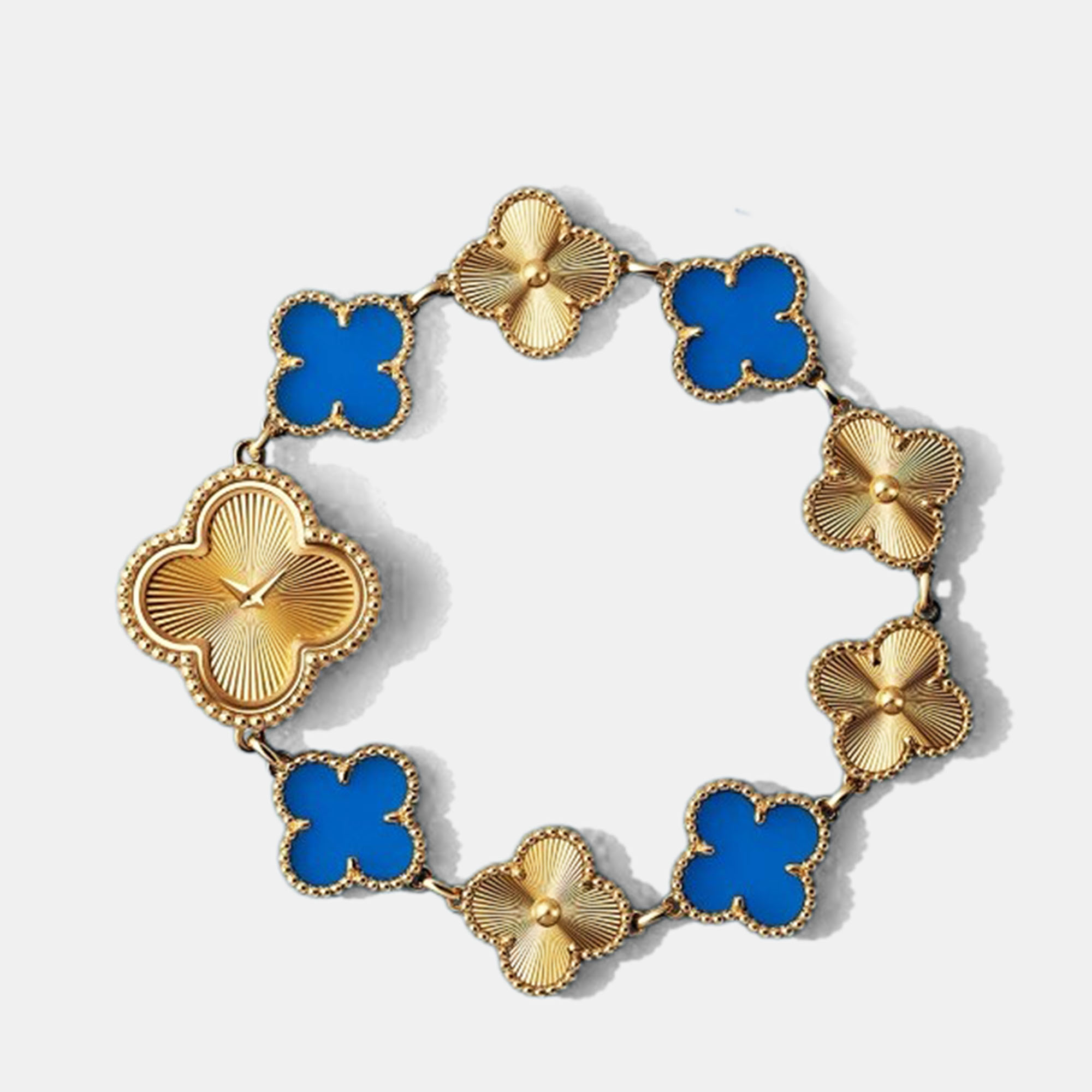 Pre-owned Van Cleef & Arpels Vcarpblz00 Alhambra Blue Agate Yellow Gold Quartz Watch 23 Mm