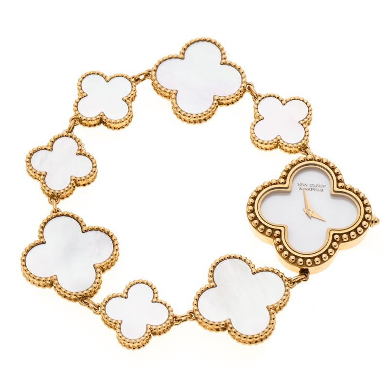 Van Cleef & Arpels Mother Of Pearl 18K Yellow Gold Vintage Alhambra Women's Bracelet Watch 26 mm