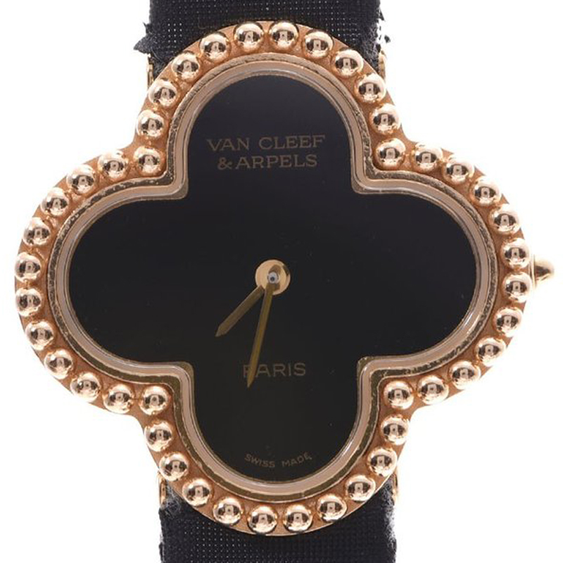 

Van Cleef & Arpels Black Yellow Gold and Satin Alhambra Women's Wristwatch