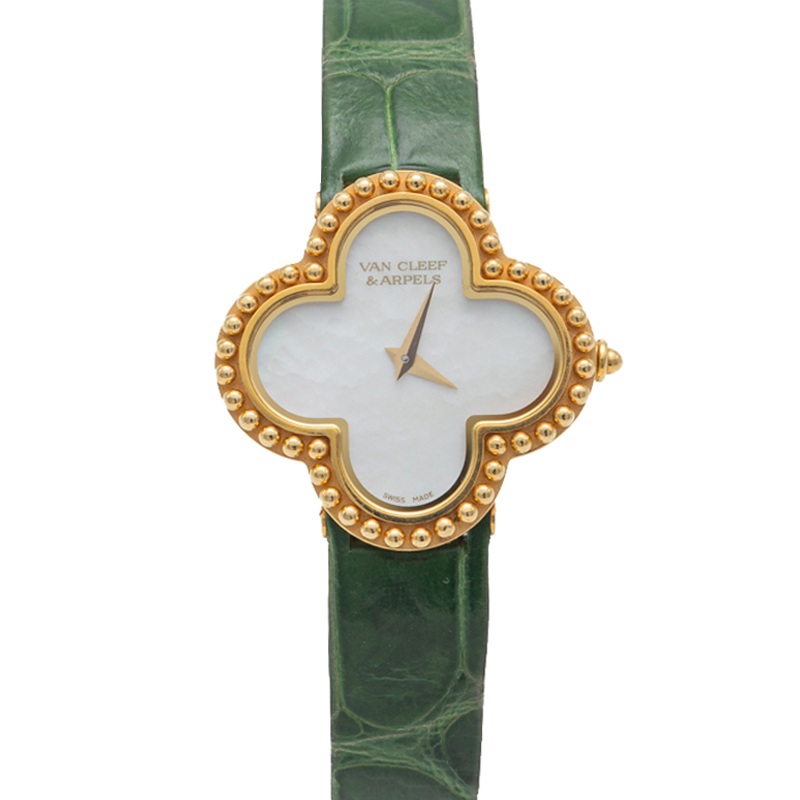 Pre-owned Van Cleef & Arpels Mother Of Pearl Dial Yellow Gold Vintage Alhambra Small Watch In White