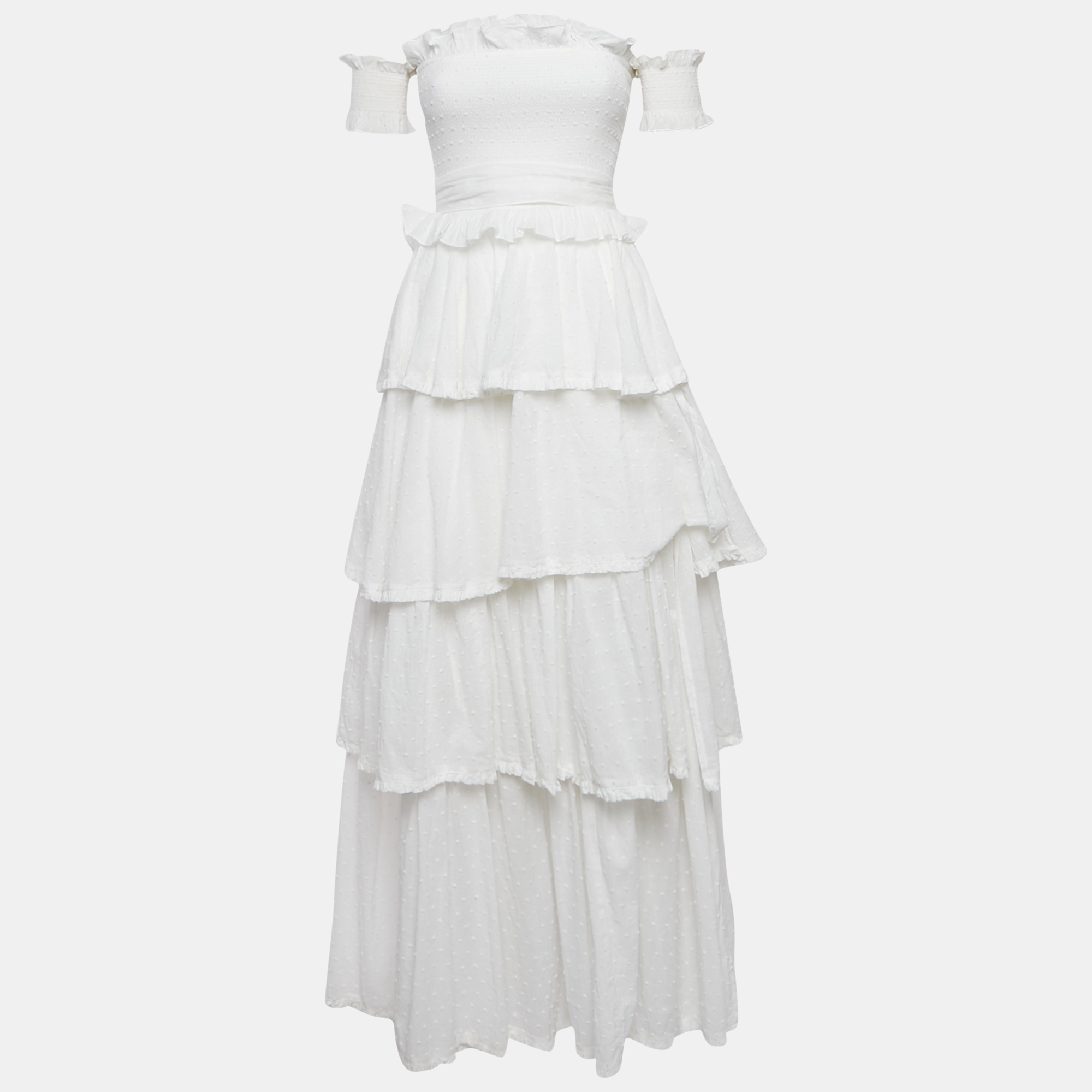 V.Chapman White Cotton Fil Coupe Tiered Angelina Belted Gown XS