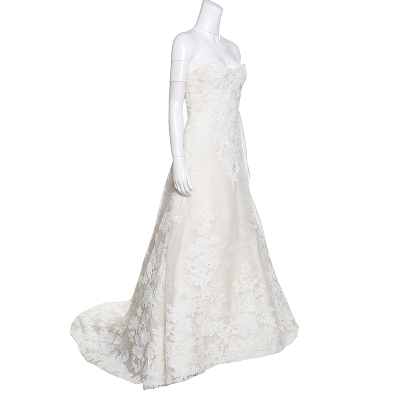

Vera Wang Luxe Cream Floral Lace Applique Embellished High Low Wedding Gown