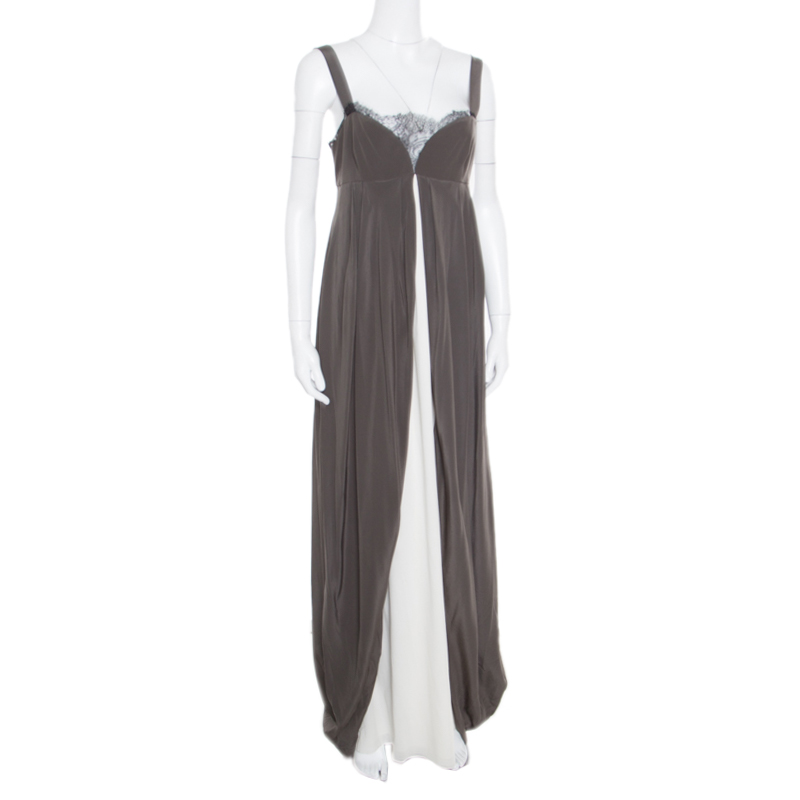 

Vera Wang Grey and Cream Silk Lace Trimmed Sleeveless Evening Gown