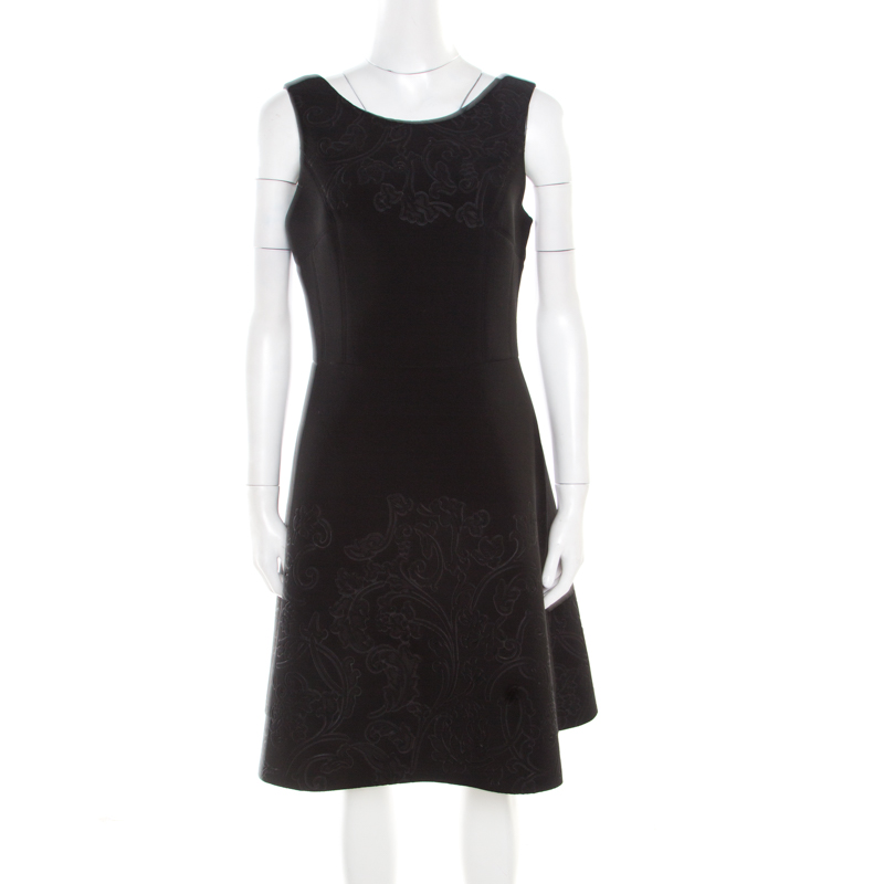 Vera Wang Black Floral Embossed Scuba Fit and Flare Sleeveless Dress M