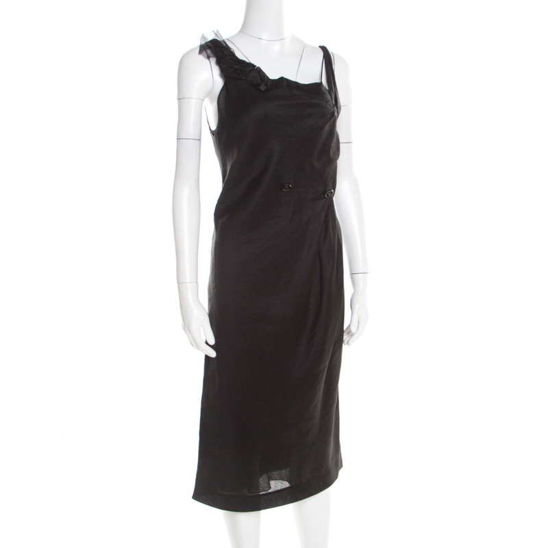 

Vera Wang Black Linen Silk Asymmetric Neck Detail Shift Dress