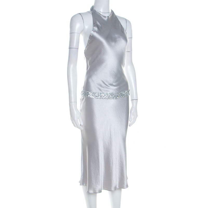 

Vera Wang Grey Satin Sequin Embellished Halter Tie Up Flared Dress