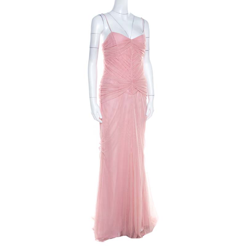 

Vera Wang Blush Pink Ruched Tulle Sleeveless Evening Gown