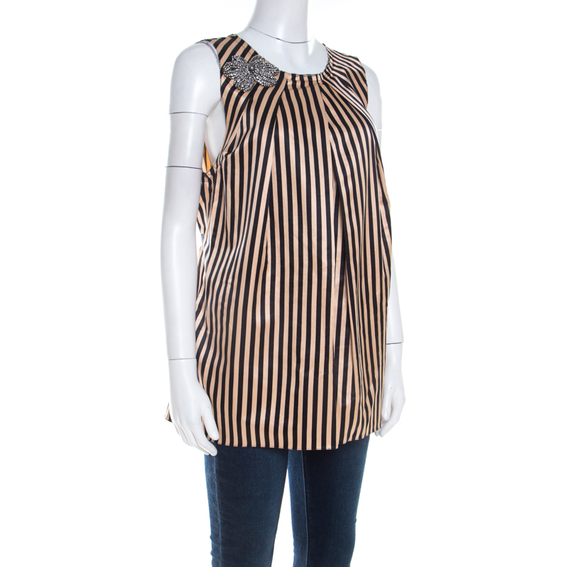 

Vera Wang Monochrome Striped Cotton Silk Crystal Embellished Sleeveless Top, Multicolor