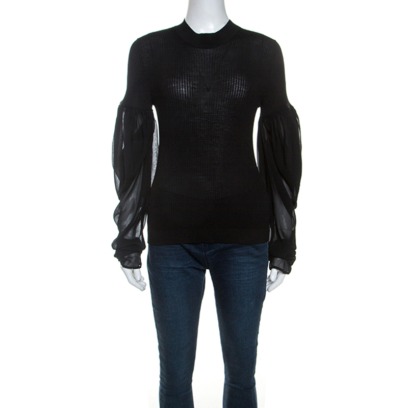 Vera Wang Black Silk Blend Rib Knit Top L