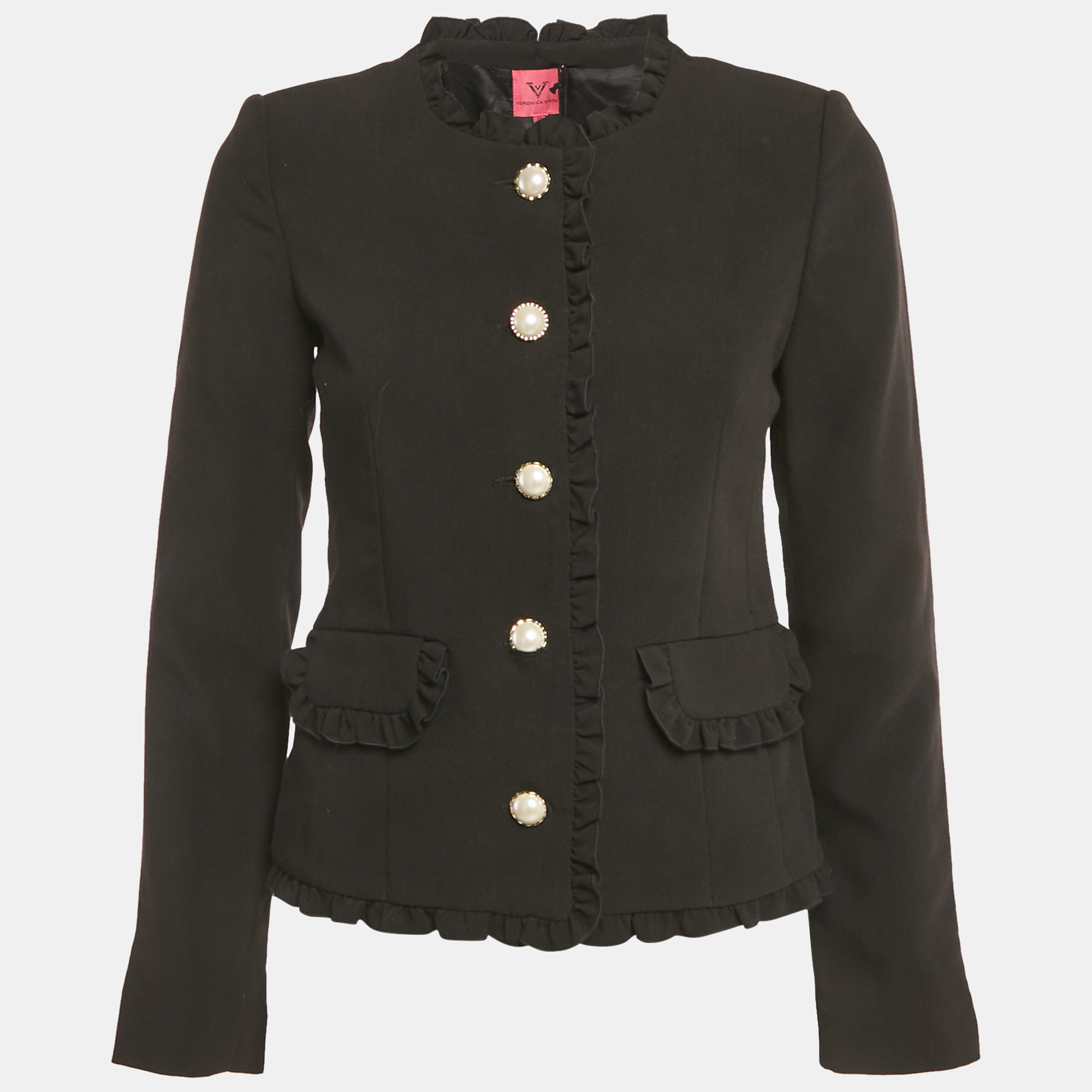 Pre-owned Veronica Virta Black Crepe & Wool Ruffle Detail Rosie Jacket Xs
