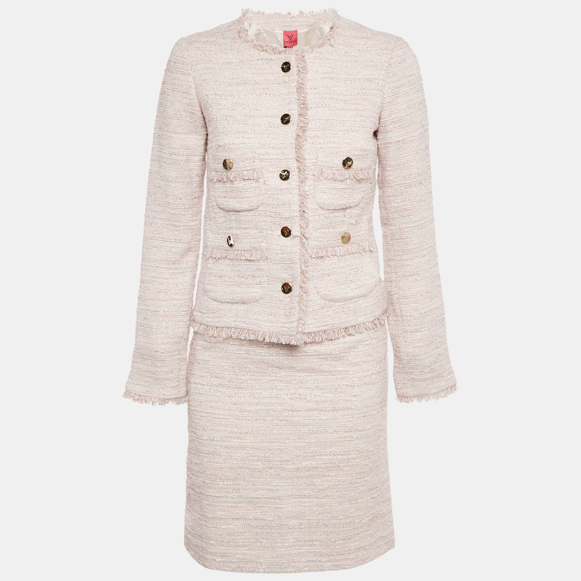 Pre-owned Veronica Virta Pink Lurex Tweed Blazer & Skirt Suit Set Xs