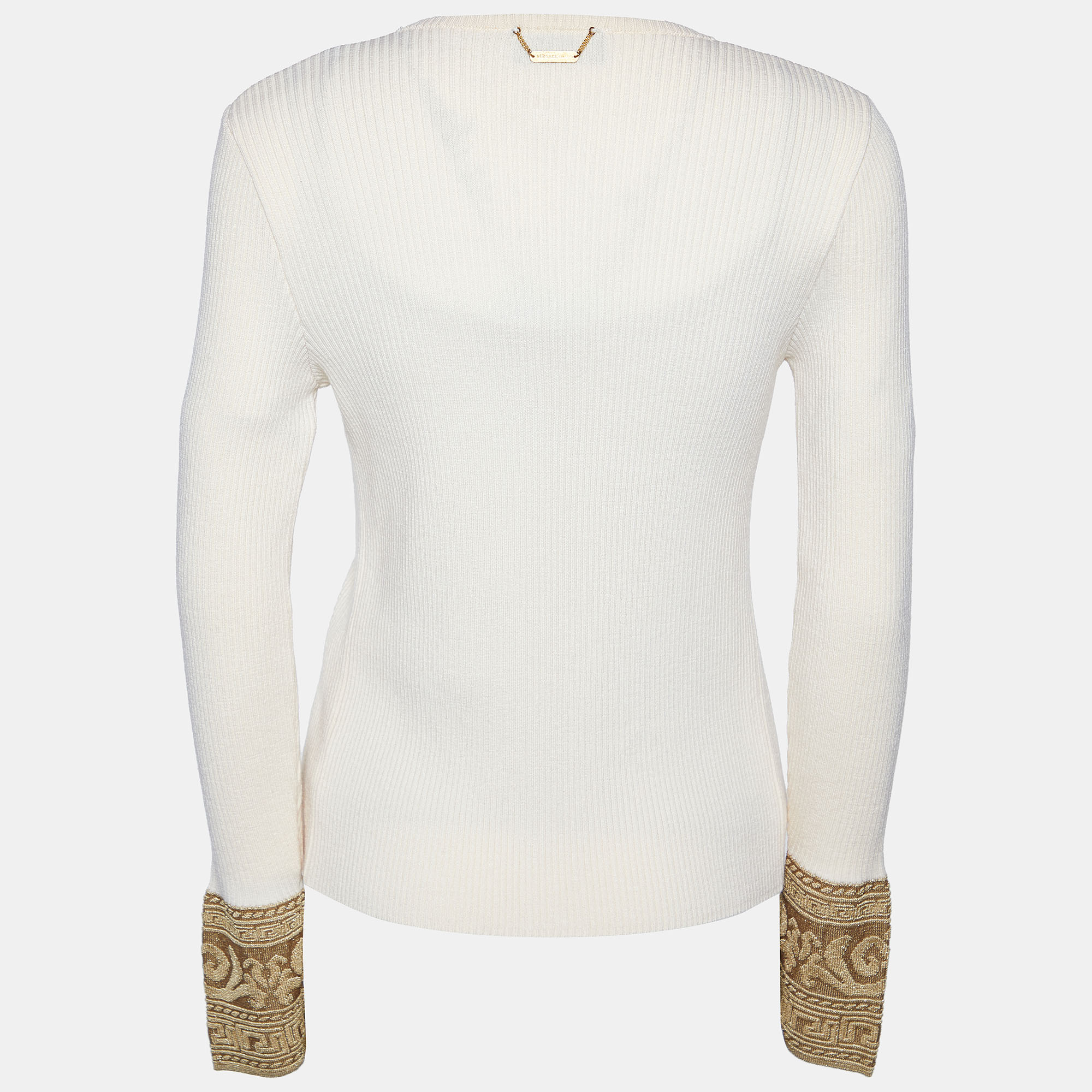 

Versace Classic V2 Beige Wool Rib Knit Cardigan & Gold Lurex Knit Cami Top Set