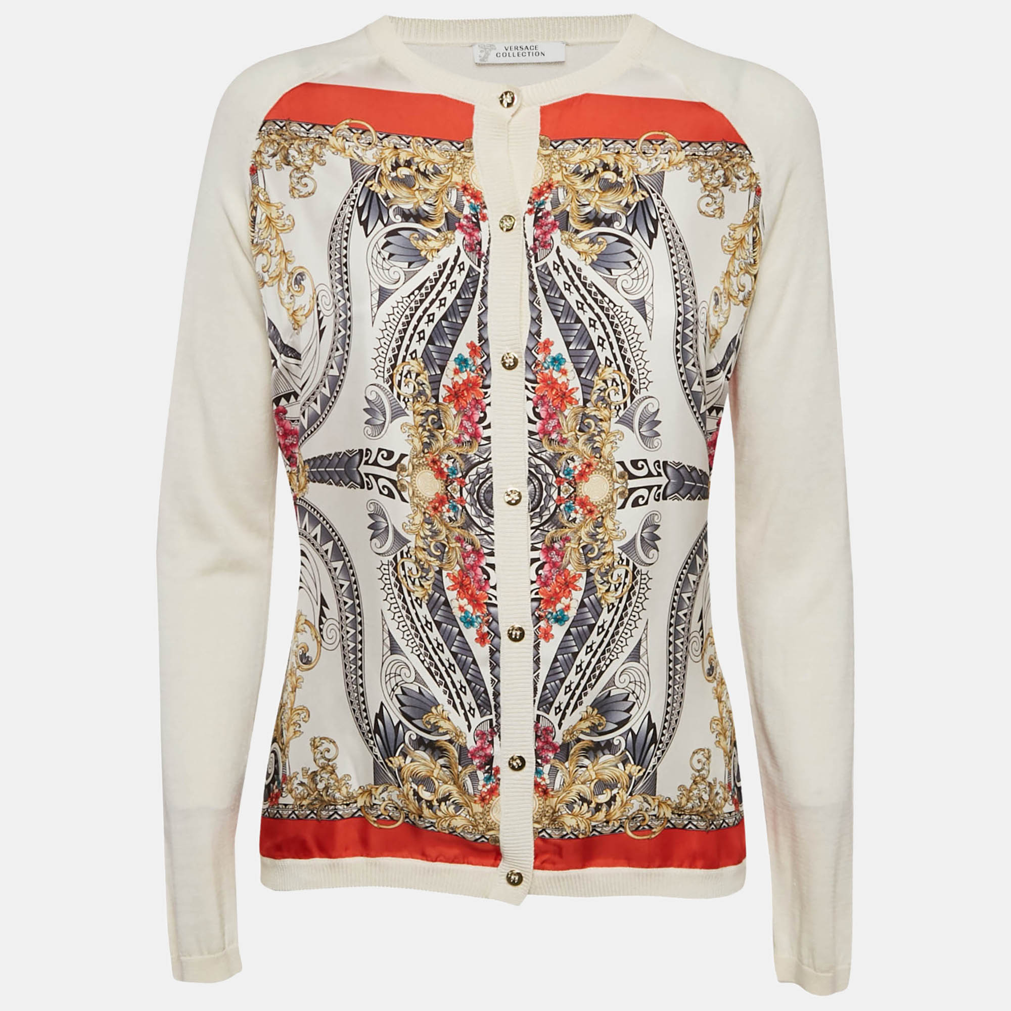 

Versace Collection Cream Printed Silk and Knit Buttoned Cardigan M