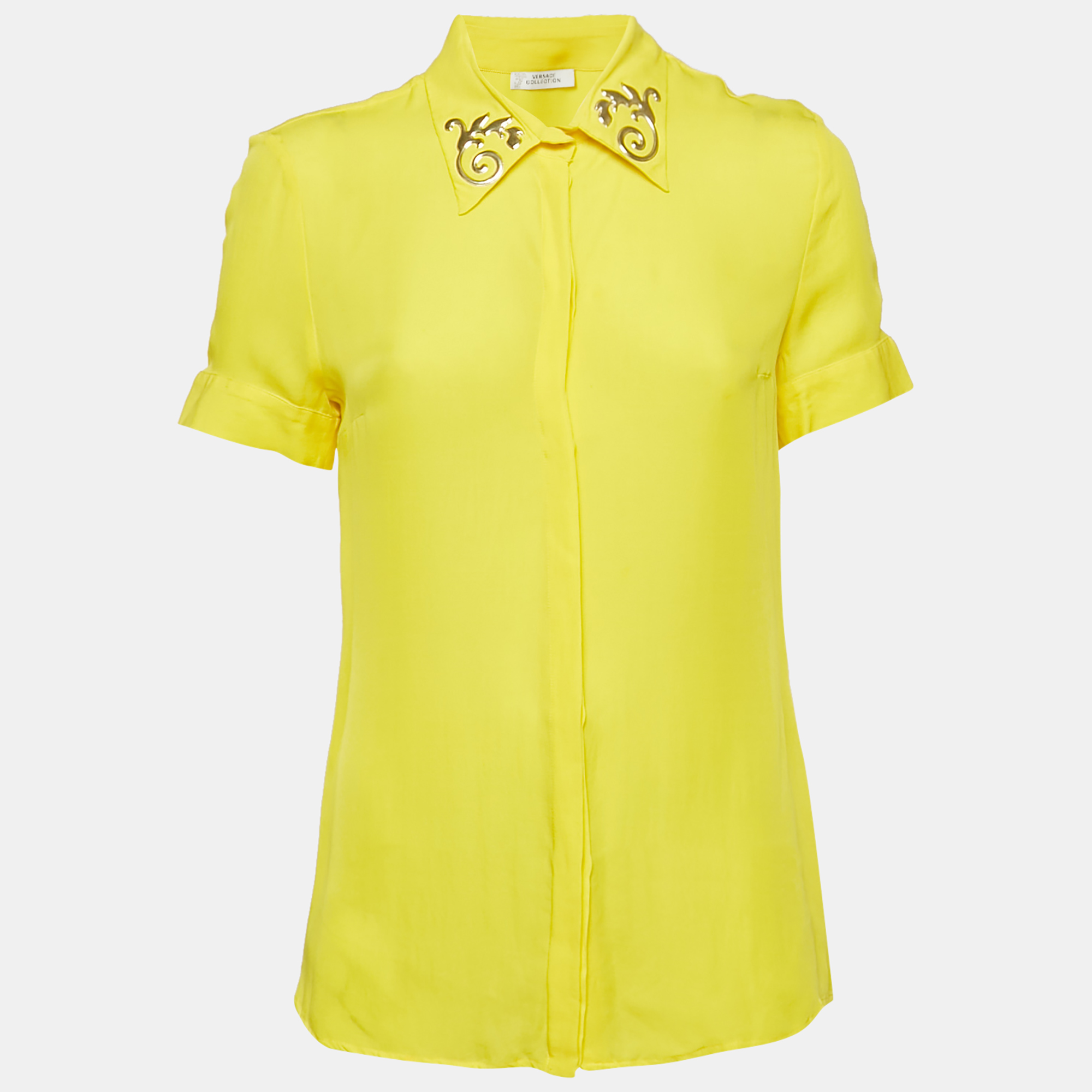 

Versace Collection Yellow Embellished Collar Silk Short Sleeve Shirt M