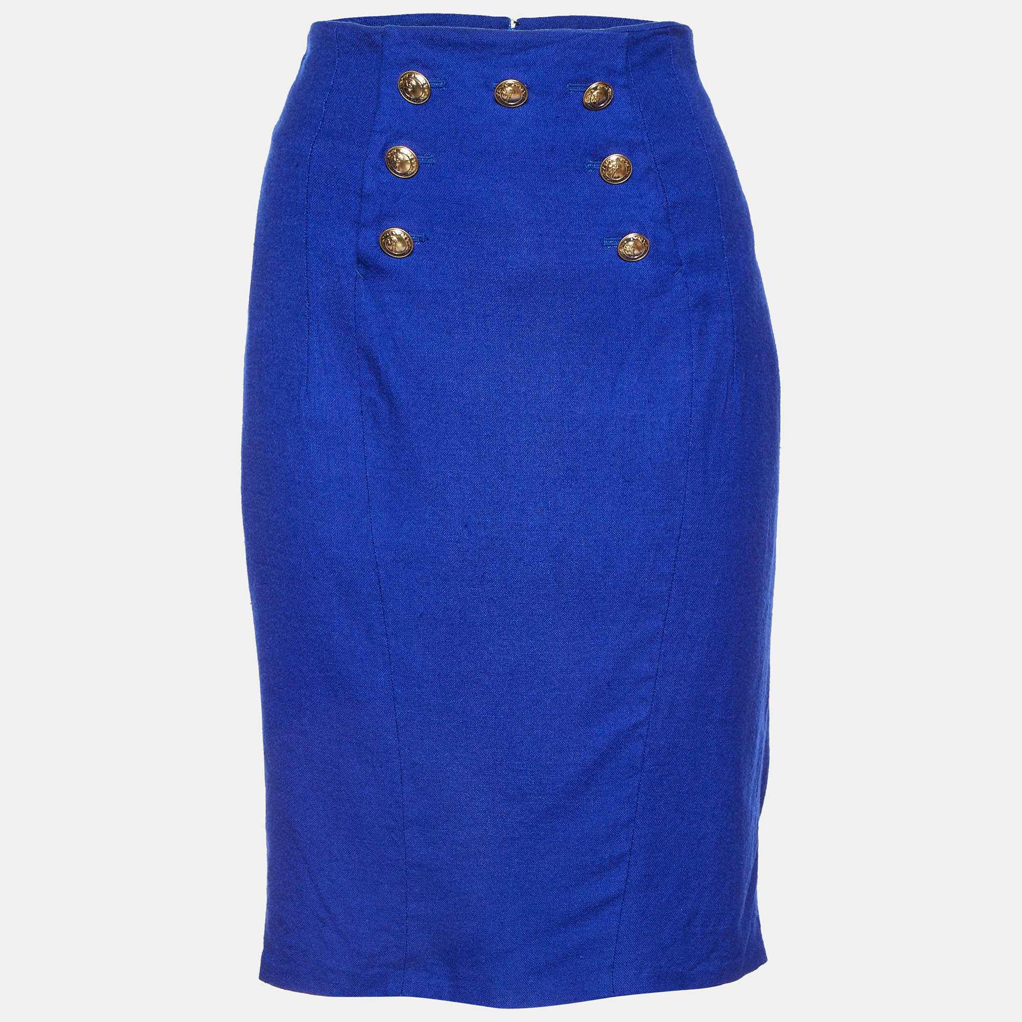 

Versace Collection Blue Cady Button Detail Pencil Skirt L