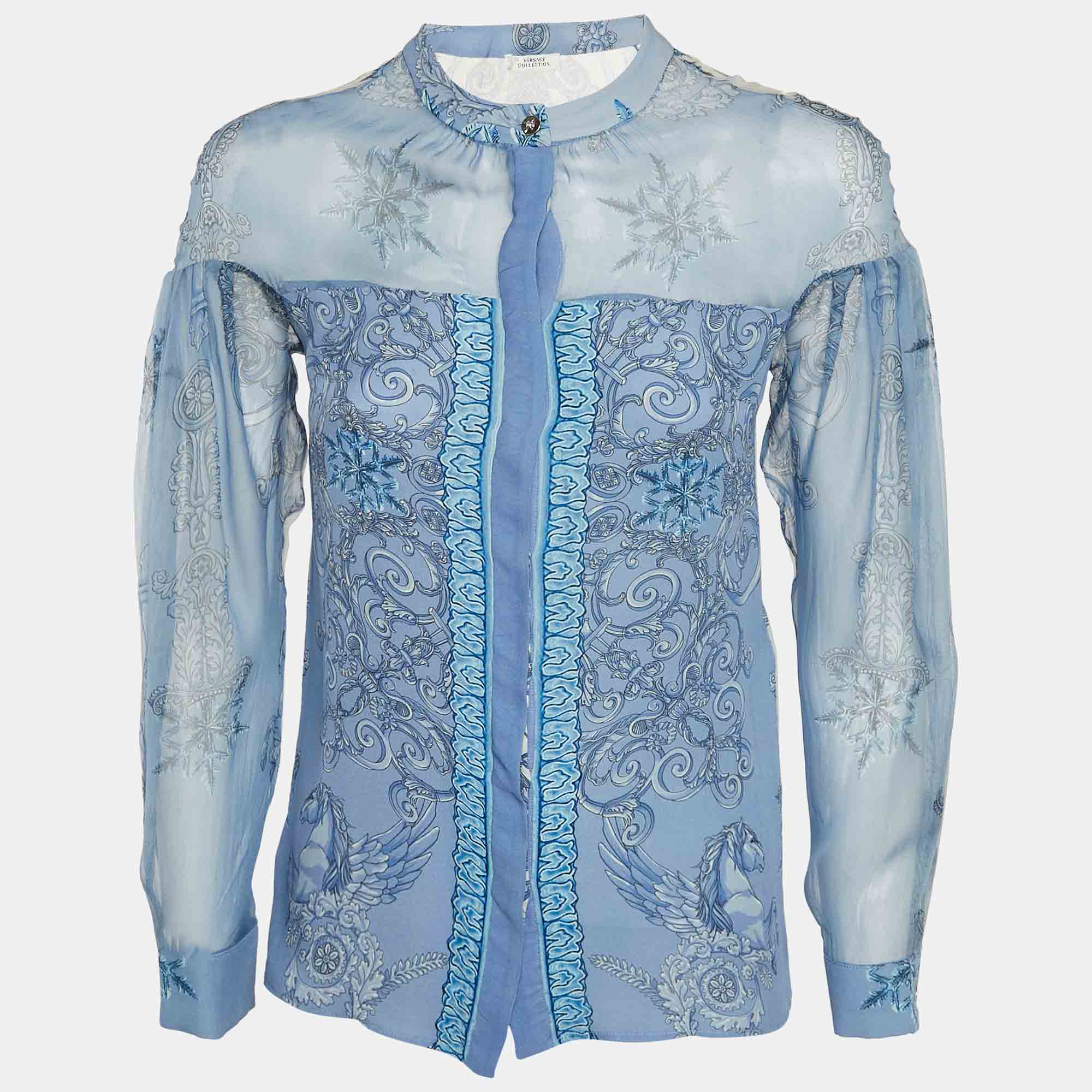 

Versace Collection Blue Printed Silk Sheer Shirt S
