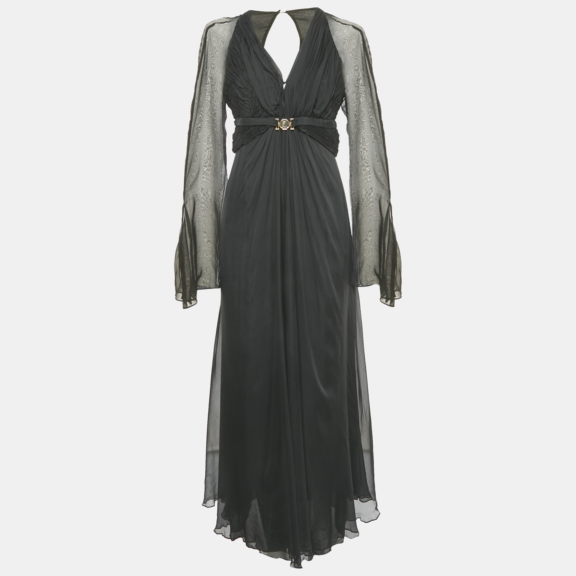 Pre-owned Versace Black Silk Drape Detail V-neck Maxi Dress M
